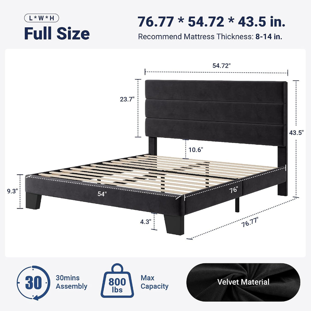 Allewie Full Size Platform Bed Frame with Velvet Upholstered Headboard and Wooden Slats Support, Fully Upholstered Mattress Foundation/No Box Spring Needed/Easy Assembly, Black