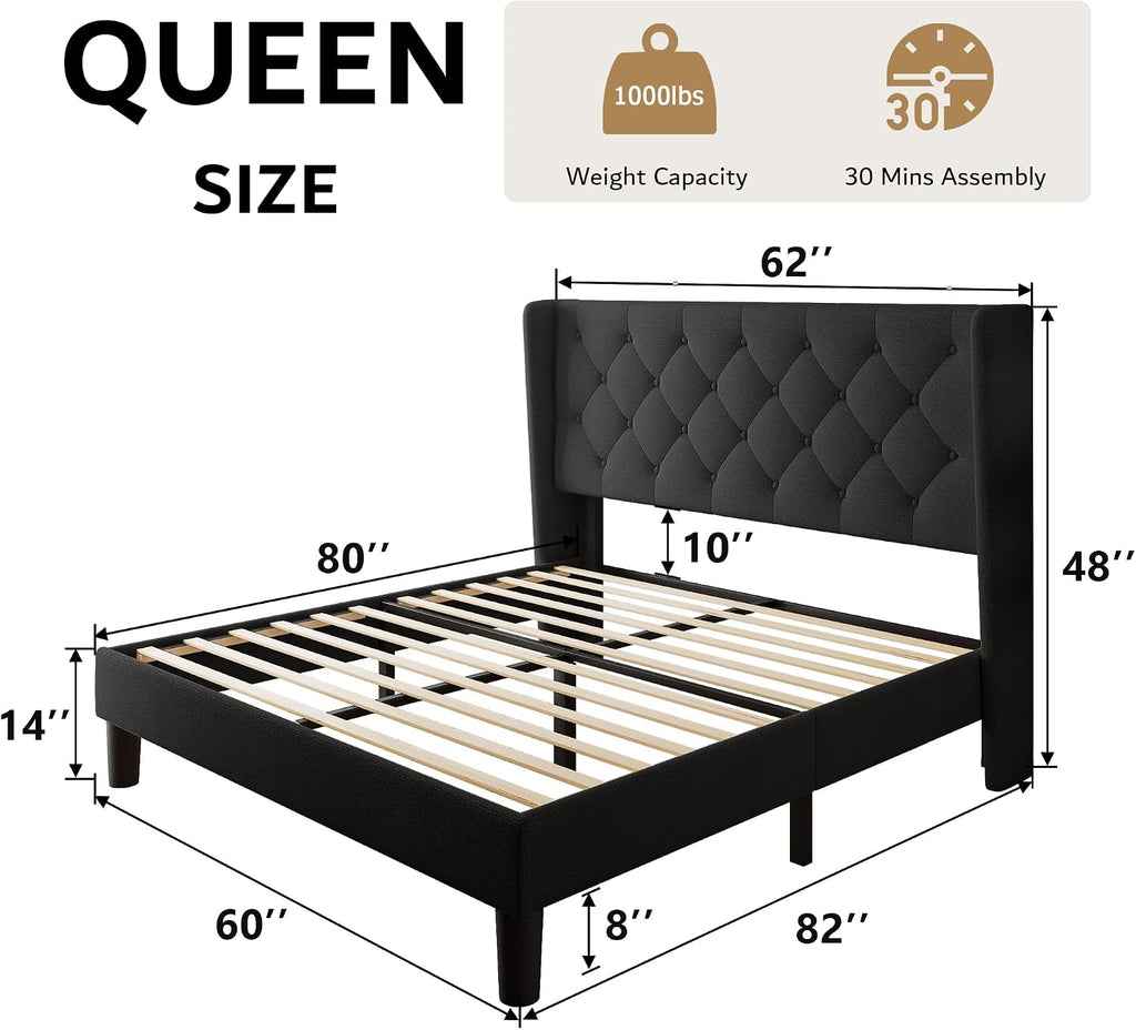 iPormis Queen Size Platform Bed Frame with Button Tufted Headboard, Upholstered Bed Frame with Solid Wooden Slats, 8' Underbed Space, No Box Spring Needed, Noise Free, Easy Assembly, Black