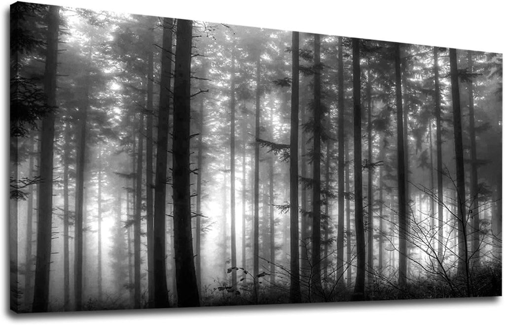Foggy Forest Wall Art Living Room Wall Decor Black and White Woods Large Canvas Picture Modern Landscape Artwork Big Trees Contemporary Nature Pictures for Living Room Bedroom Home Office Kitchen Wall Decor 29' x 58'