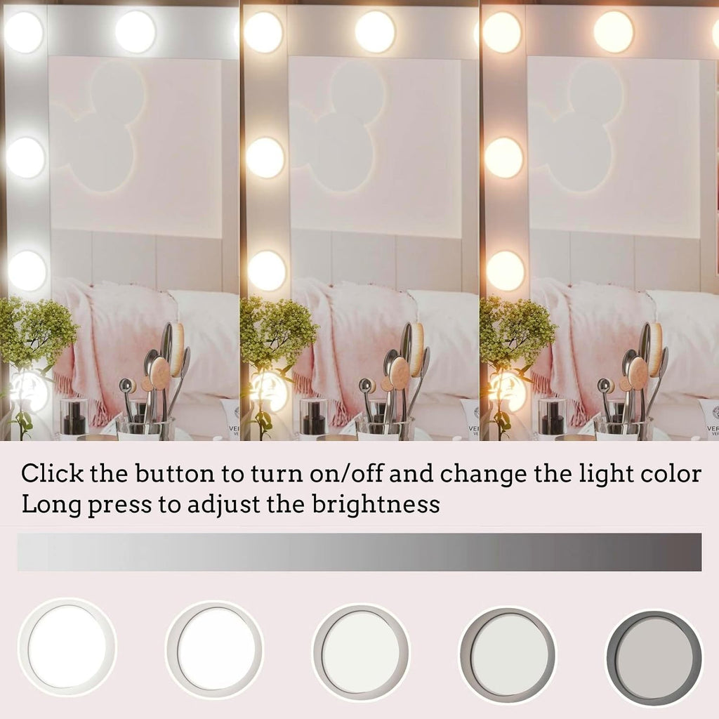 Rovaurx Vanity Desk with Mirror and Lights, Makeup Vanity Table with Storage Shelves and 4 Drawers, Bedroom Dressing Table, 10 LED Lights, 3 Color Modes & Adjustable Brightness, White
