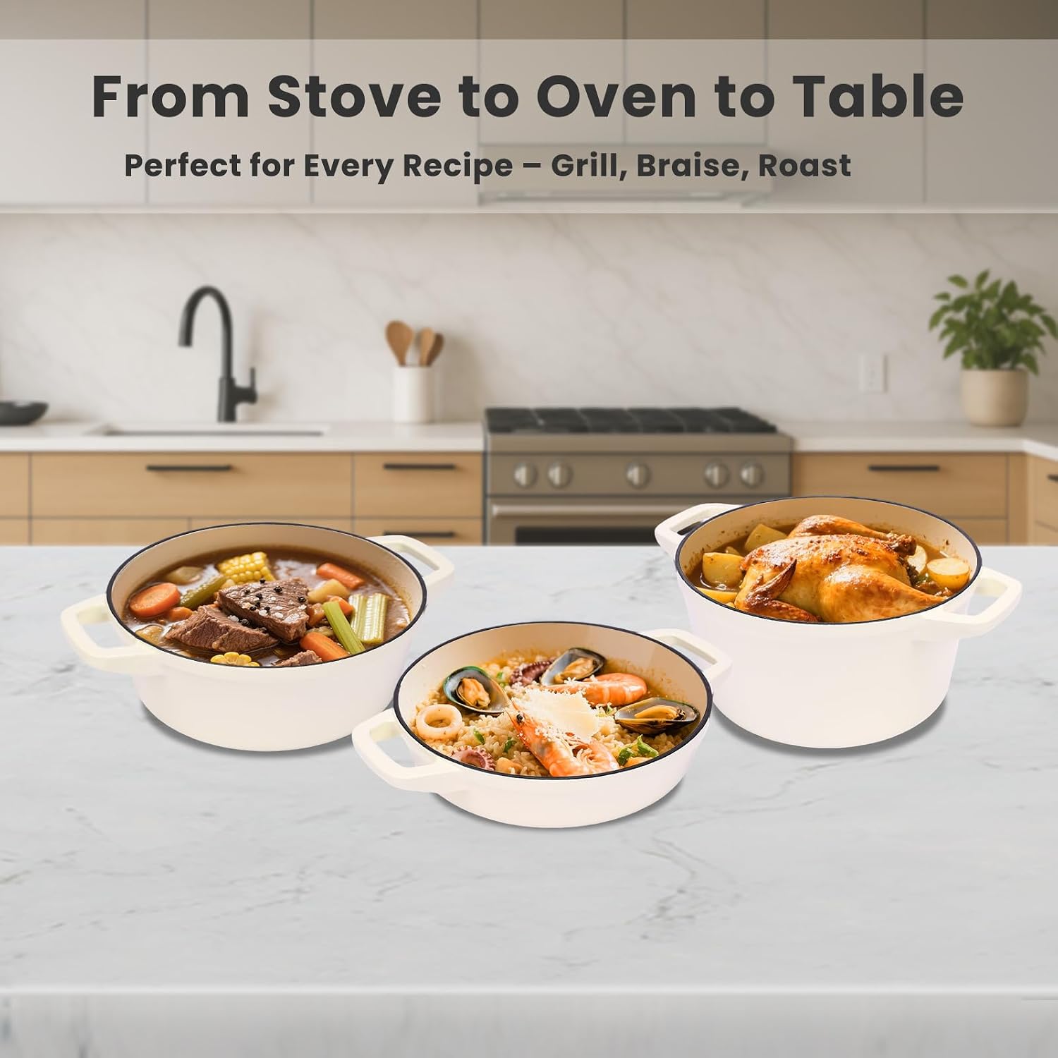 QuliMetal Enameled Cast Iron Set 5-Pc, 10' Stackable Space-Saving Cookware Set, Dutch Oven, Skillet, Grill Pan, with 2 Universal Lid, Versatile Enamel Dutch Oven, Included Spacers, White