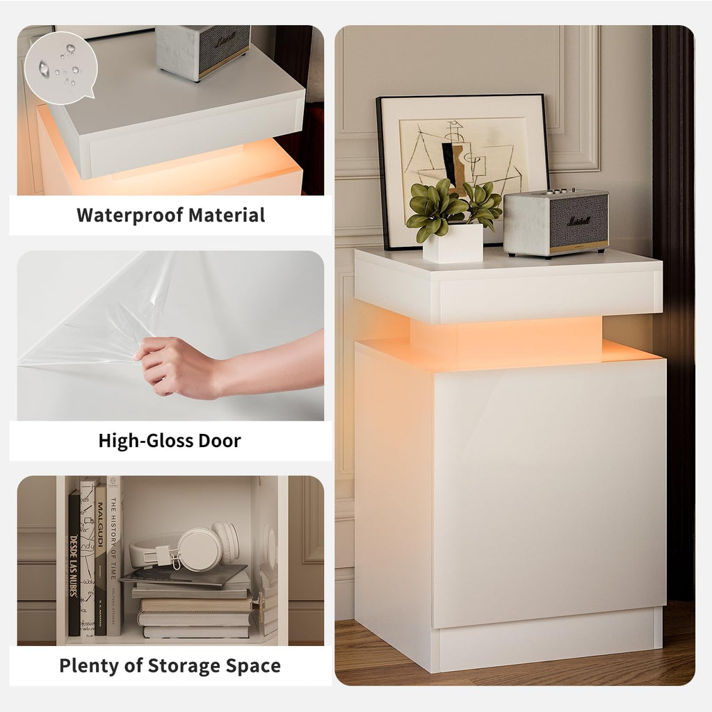 Nightstands Set 2, 15 Inches LED Night Stand Set of 2, Modern Bedside Table with LED Lights, High Gloss Surface, End Table with Storage for Bedroom, Whites