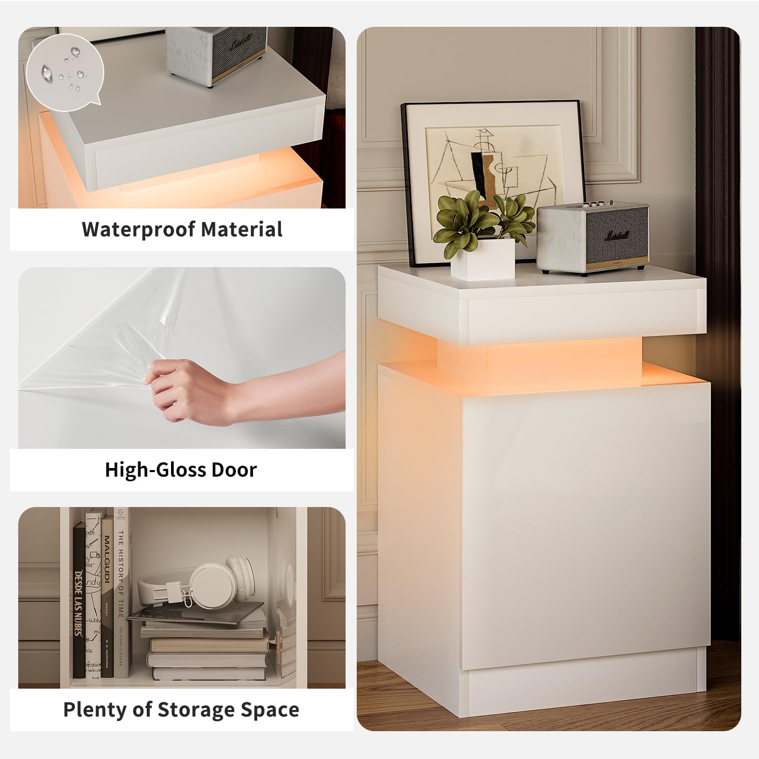 Nightstands Set 2, 15 Inches LED Night Stand Set of 2, Modern Bedside Table with LED Lights, High Gloss Surface, End Table with Storage for Bedroom, Whites