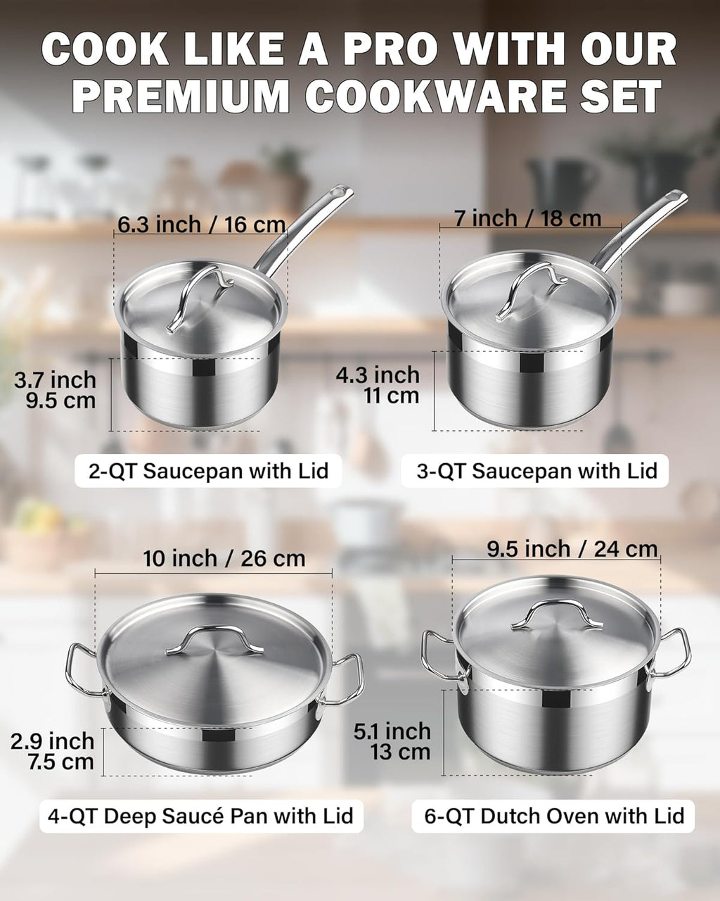 Cooks Standard Professional Cookware Set, Stainless Steel Pots Kitchen Set Includes Saucepans, Sauté Pan, Dutch Oven with Lids - Induction Compatible, 8-Piece