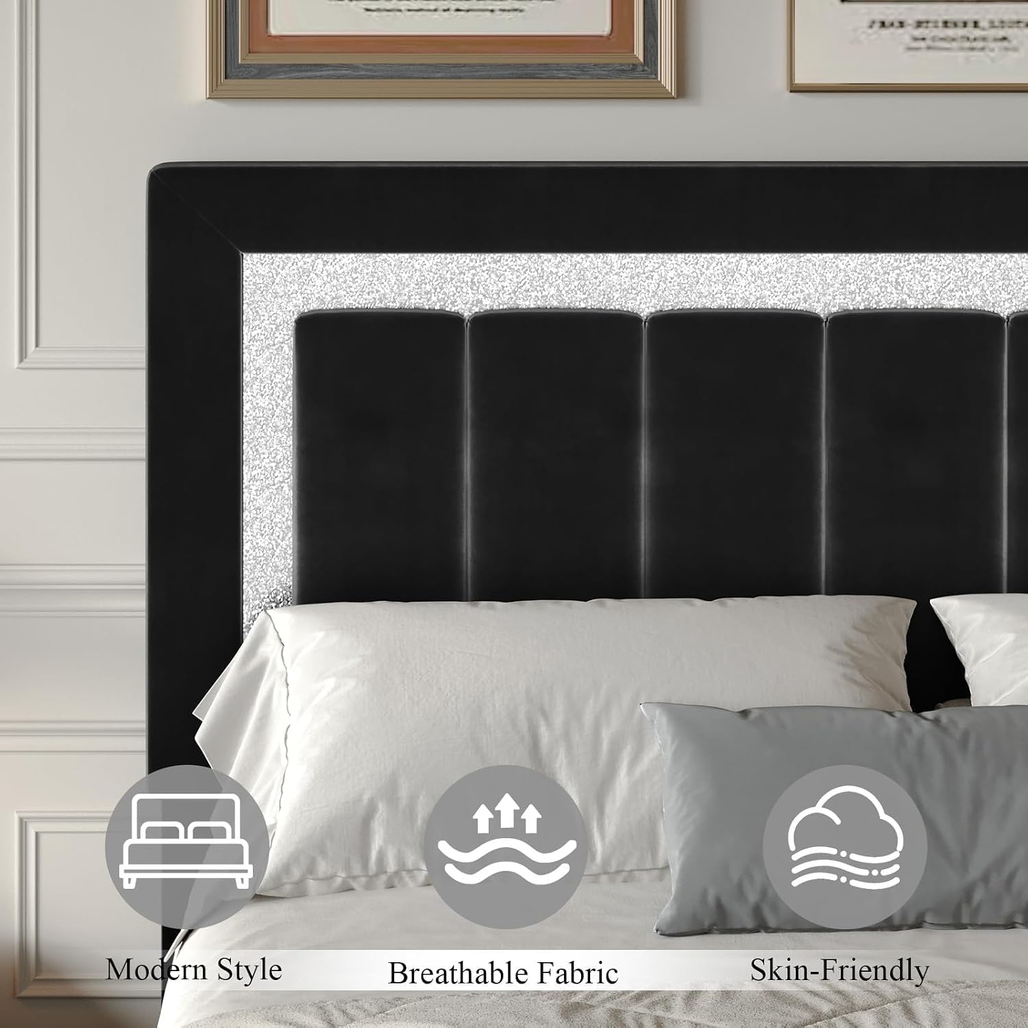 HOMBCK Queen Bed Frame with Headboard, Velvet Upholstered Platform Bed Frame Queen Size with Diamond Headboard & Footboard, Wooden Slats Support, No Box Spring Required, Easy Assembly, Black
