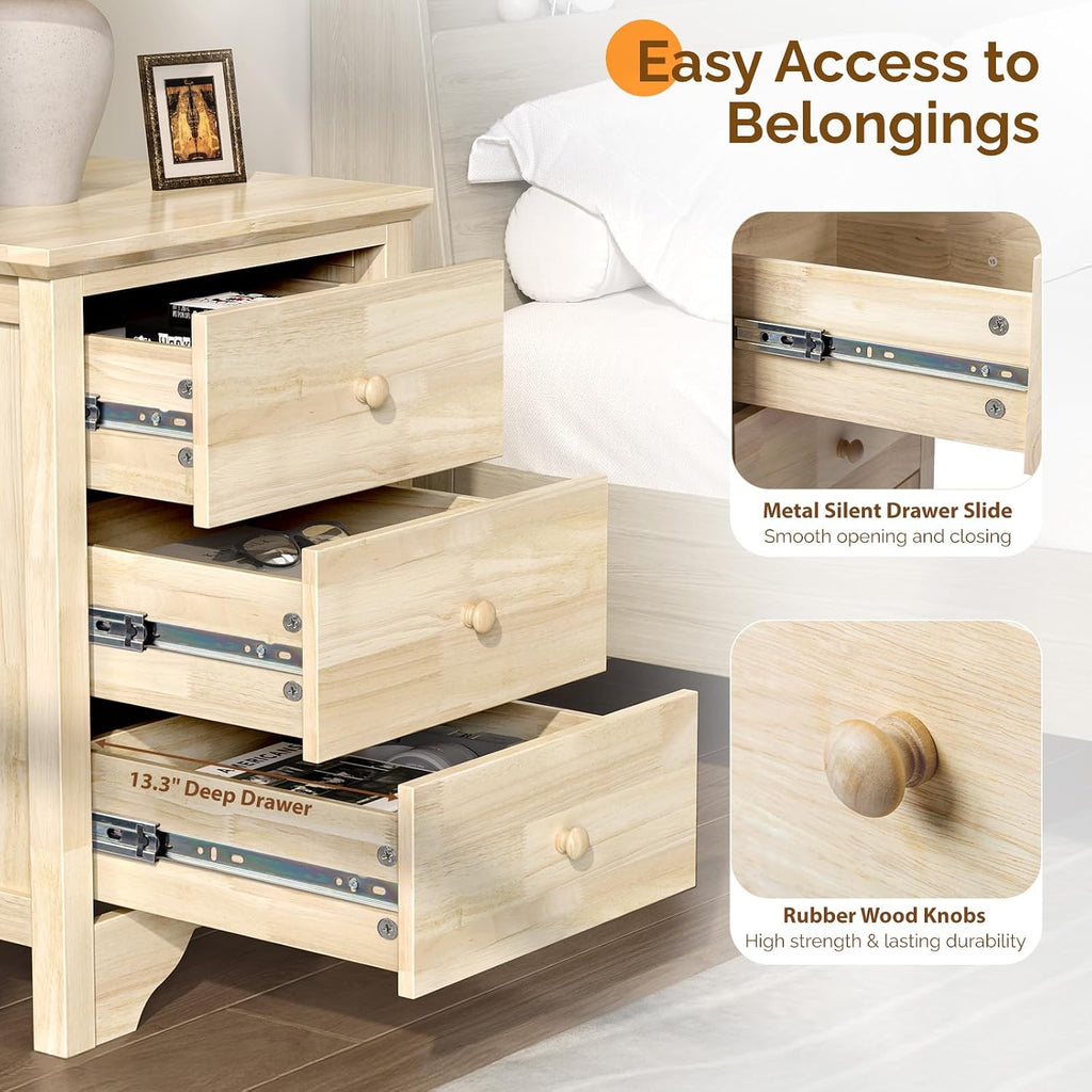 VINGLI Unfinished Rubber Wood Nightstands Set of 2 for Color DIY, 18.54' W Nightstand with Charging Station, 3 Drawer Nightstand, Real Wood Night Stands/Bed Side Table/End Table for Bedroom