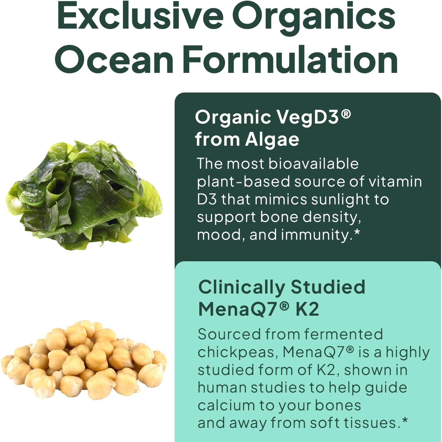 Organics Ocean Better D3 + K2-100% Organic VIT D3 and K2 Supplements with Maximum Bioavailability - Supports Bone Density, Calcium Balance, Immunity & Mood - 6-Pack, 180-Day Supply