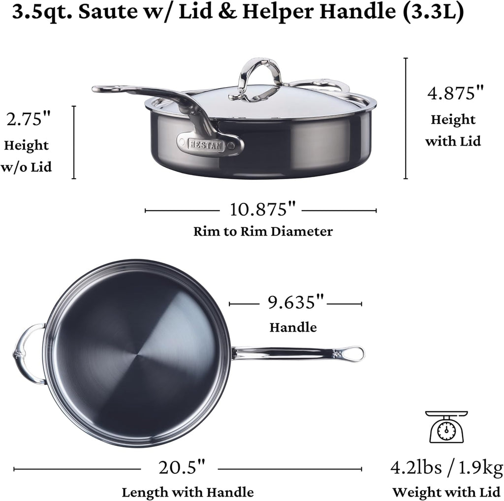 Hestan NanoBond Molecular Titanium Saute Pan with Lid, 3.5-Quart - PFAS-Free Stainless Steel, 4x Stronger, 1050°F Safe, Induction Compatible, Handcrafted Italy