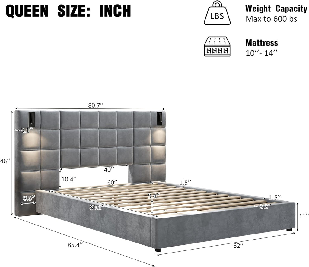 Christopher Knight Home Svens 46' High Headboard Bed, Queen Size Platform Bed Frame, Soft Velvet Bed Frame, Queen Size Headboard, Square Pattern Design with Reading Lamps and USB Ports, Grey