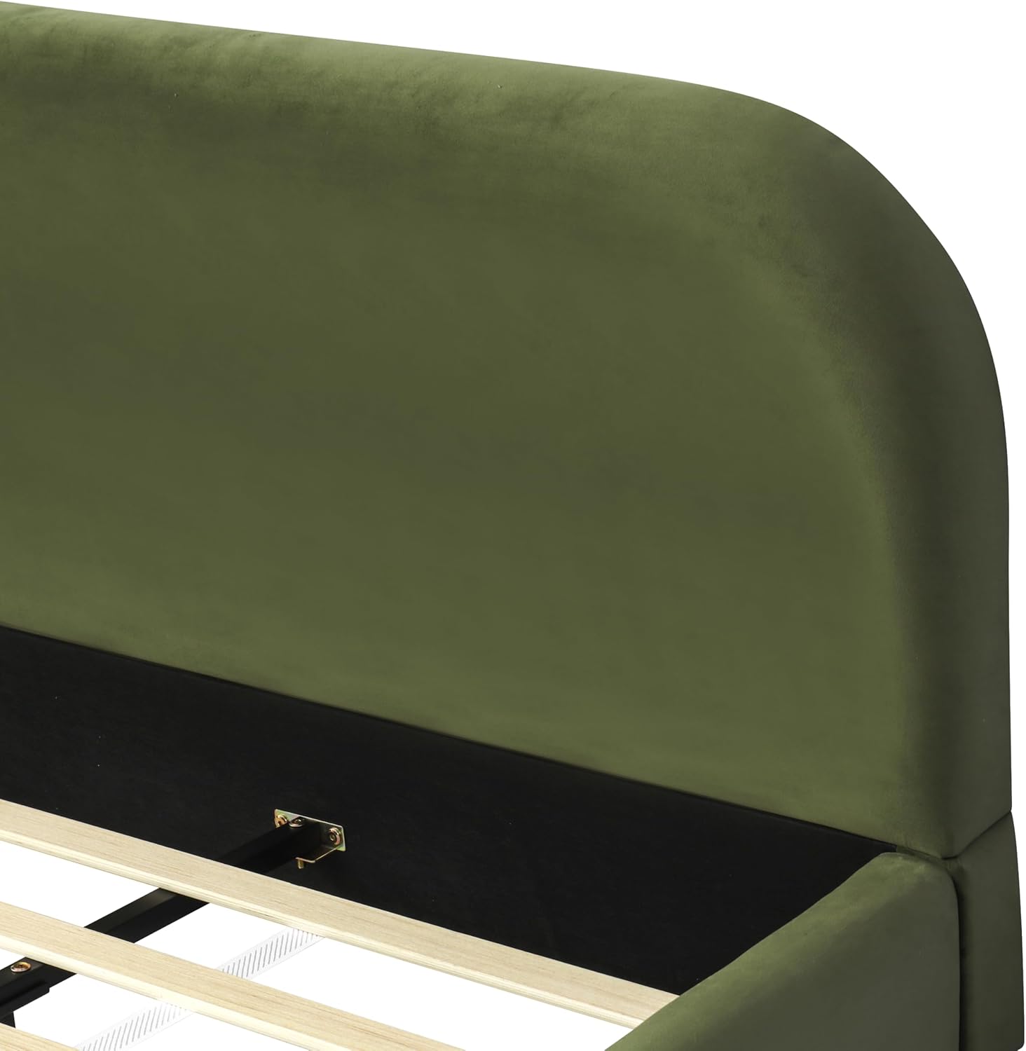 Merax Queen Size Velvet Fabric Upholstered Platform Bed with Curved Shaped Headboard, Wood Bed Frame with Solid Round Legs for Kids Teens Adults, Olive Green