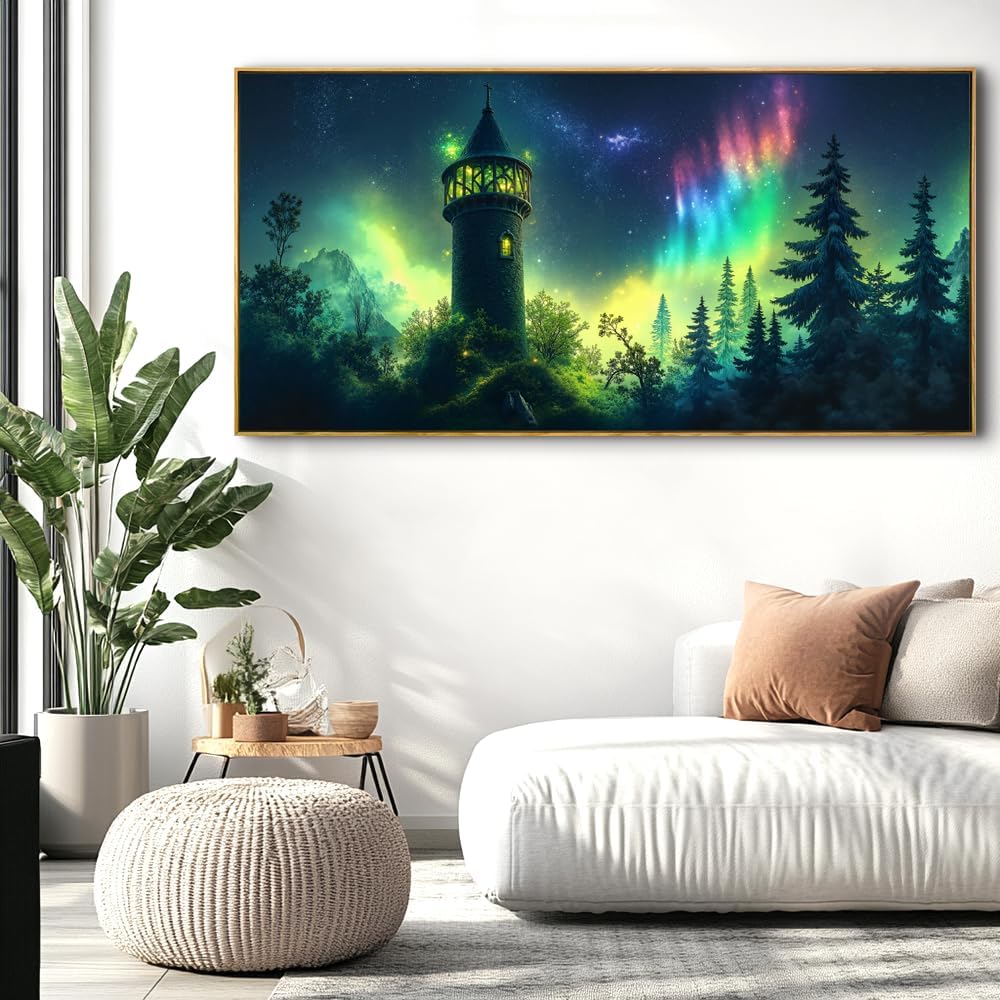Aurora Landscape Wall Art - Framed Modern Canvas Painting for Living Room, Bedroom Home Office Decor, 60x30 Inch Ready to Hang