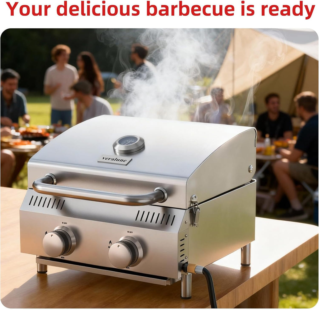 Veralune Tabletop Gas Grill, 2 Burners Portable Propane Grill, Camping Cooking Grill with Travel Lock for Camping, RV, Backyard BBQ