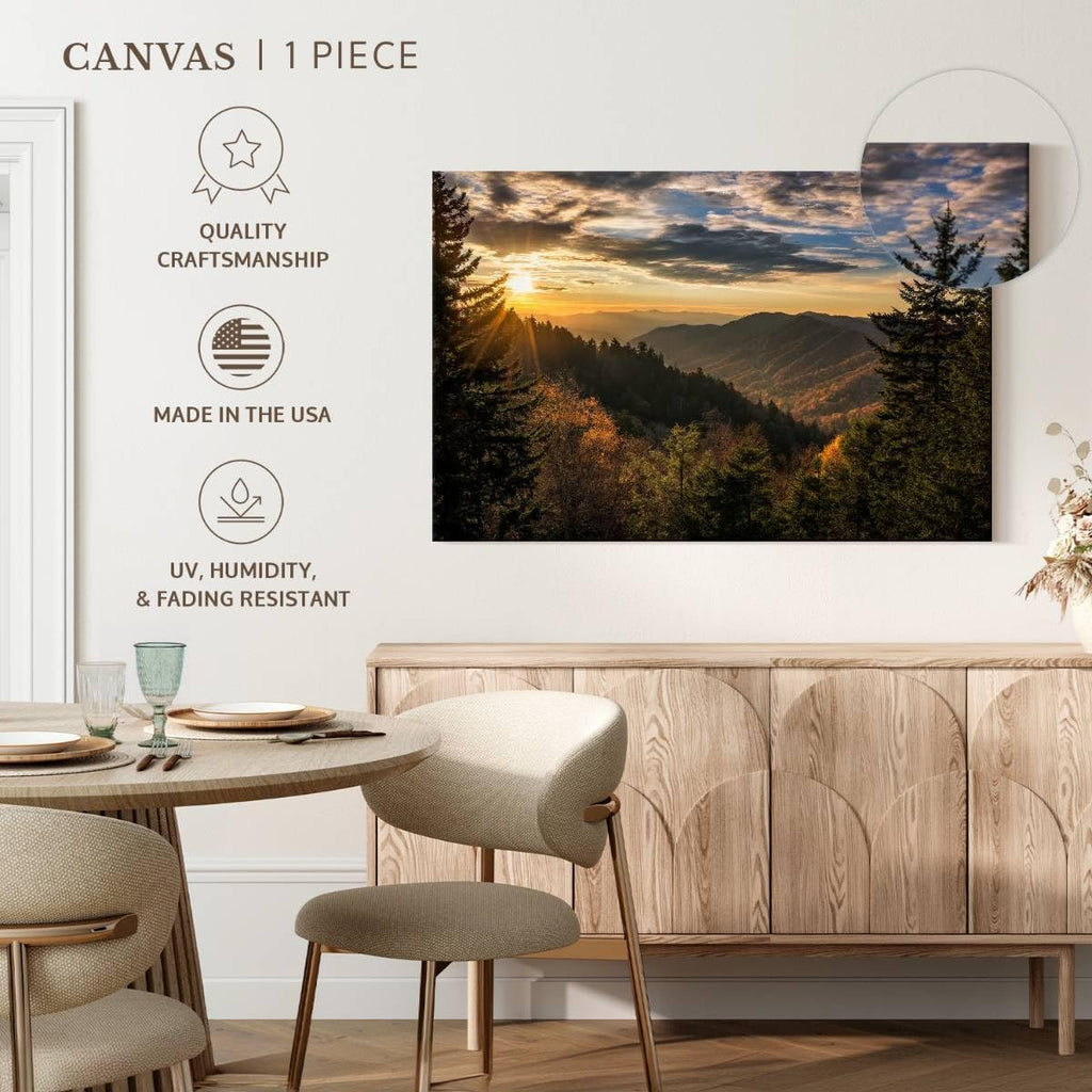 ElephantStock Sunrise In Smoky Mountains Canvas - 1 Panel Mountain Pictures Wall Decor - Nature Wall Art, Mountain Canvas Photography - Mountains Wall Art for Nature Lovers - 36' X 24'