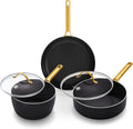 GreenPan 5 Piece Set Cookware Pots and Pans Set, Ceramic Nonstick PFAS-Free, Hard Anodized, Frypan Saucepan Saute Pan with Lids, Gold-Tone Stainless Steel Handles, Dishwasher Safe, Black
