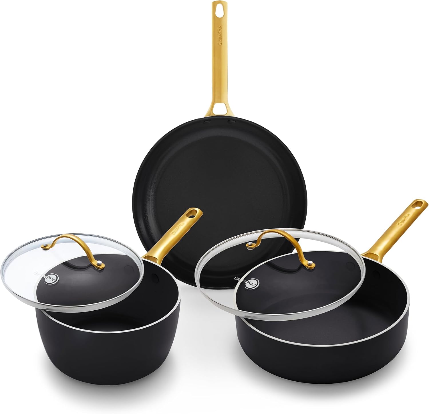 GreenPan 5 Piece Set Cookware Pots and Pans Set, Ceramic Nonstick PFAS-Free, Hard Anodized, Frypan Saucepan Saute Pan with Lids, Gold-Tone Stainless Steel Handles, Dishwasher Safe, Black