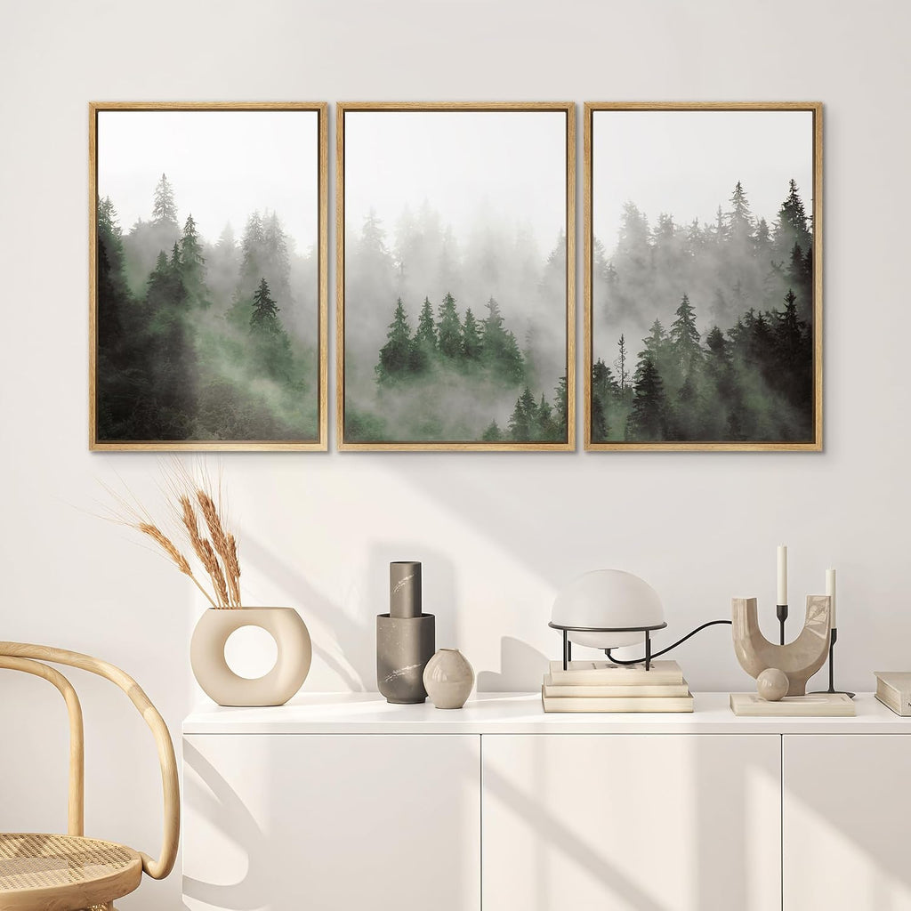 SIGNWIN Framed Canvas Print Wall Art Woodland Nursery Decor Set Fog & Mist Over Green Pine Tree Forest Nature Wilderness Modern Art Chic Landscape for Living Room, Bedroom, Office - 24'x36'x3 Natural