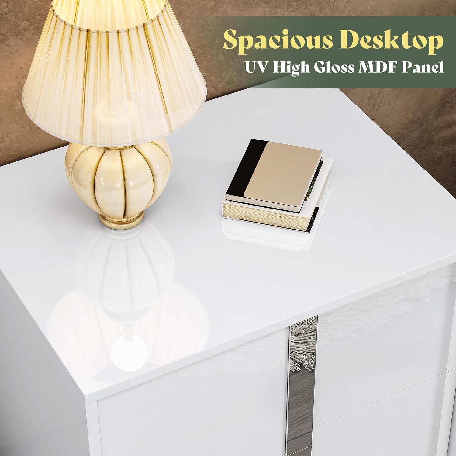 AMERLIFE Nightstand, 23.6'' Modern End Table with Drawers, High Gloss UV Finish, Electroplated Pull Handle, Bedside Table for Bedroom, White