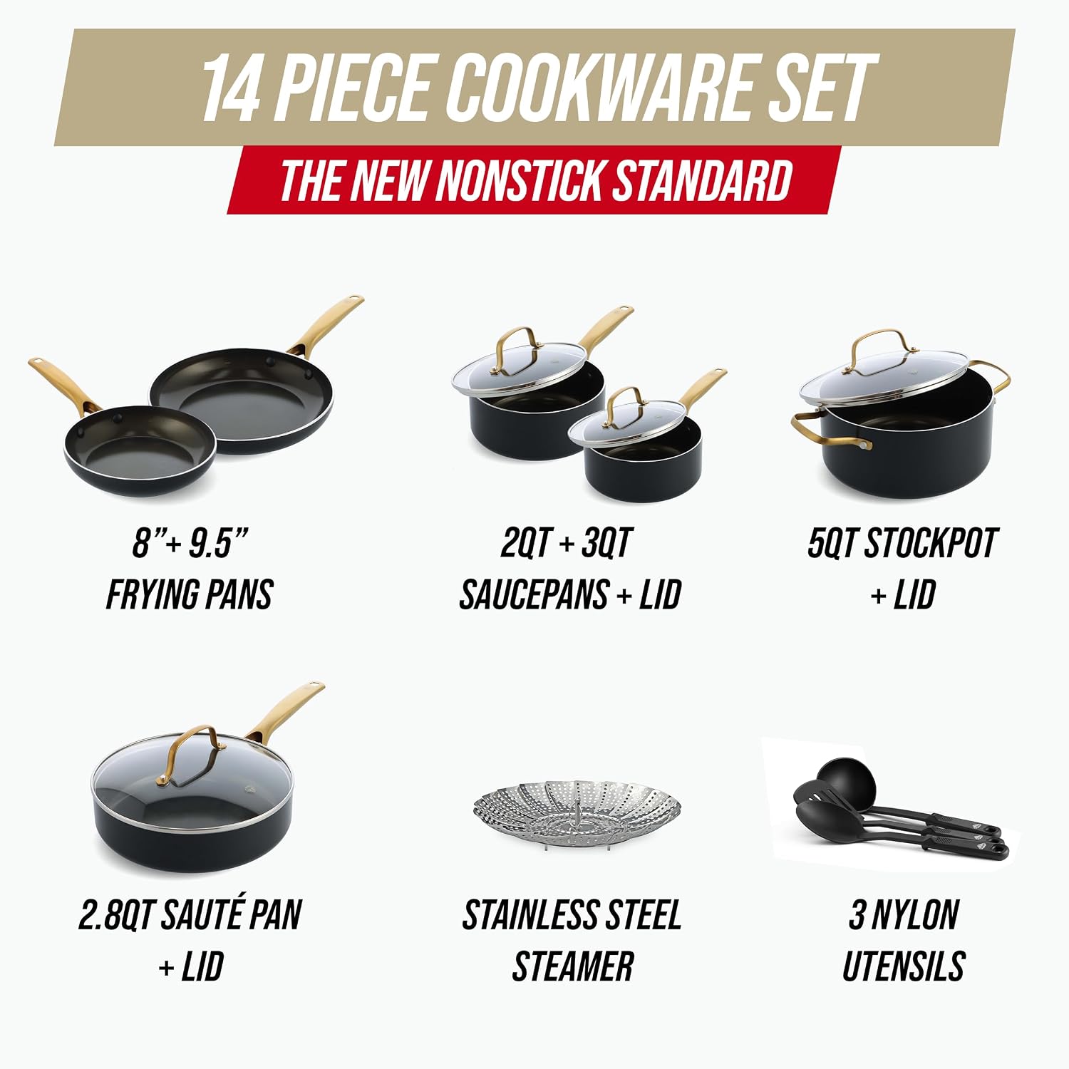 Blue Diamond 14 Piece Induction Nonstick Cookware Set, Diamond Infused PFAS-Free Ceramic Nonstick Pots & Pans, Durable Metal Utensil Safe, Dishwasher Safe, Oven & Broiler to 600F, Black/Gold
