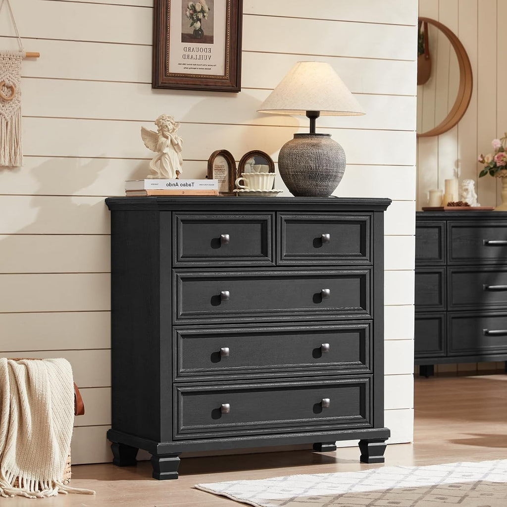SAVOR LIFE Farmhouse Bedroom Dresser and Nightstand Set of 4, 6 Drawer Low & 5 Drawers Dresser & 2 Drawer Nightstand Set, Rustic Wood Furniture Set for Bedroom, Hallway, Black
