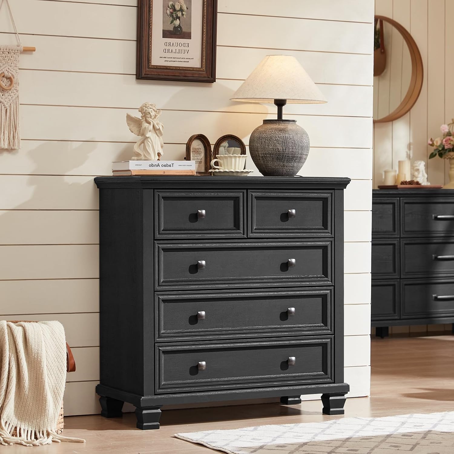SAVOR LIFE Farmhouse Bedroom Dresser and Nightstand Set of 4, 6 Drawer Low & 5 Drawers Dresser & 2 Drawer Nightstand Set, Rustic Wood Furniture Set for Bedroom, Hallway, Black