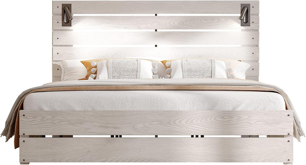 Jocisland King Size Farmhouse Bed Frame with 51' Barn Door Headboard, LED Reading Lights, Platform Bed Frame with Wood Slats, Under Bed Storage Space, Noisy Free, Easy Assembly, Ash White