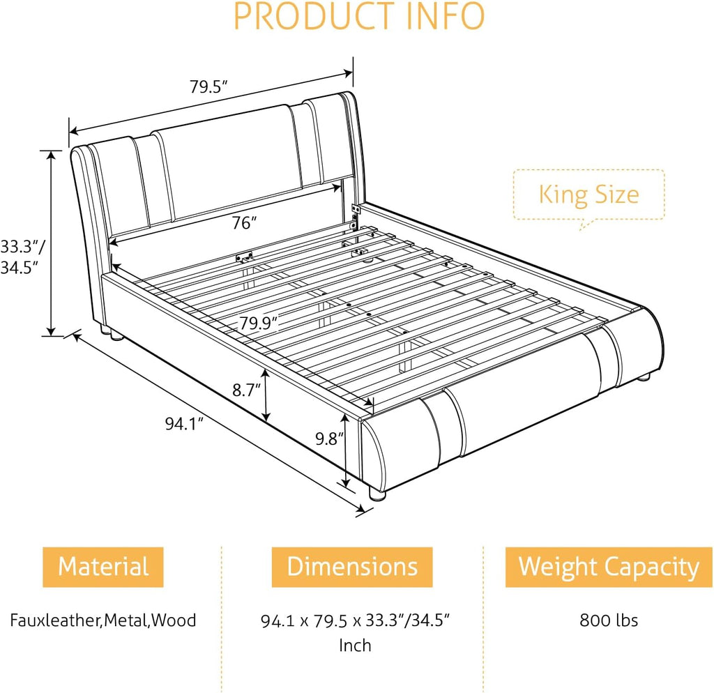 SHA CERLIN King Size Bed Frame with Iron Pieces Decor and Adjustable Headboard/Deluxe Upholstered Modern Platform Bed with Solid Wooden Slats Support/No Box Spring Needed, Black