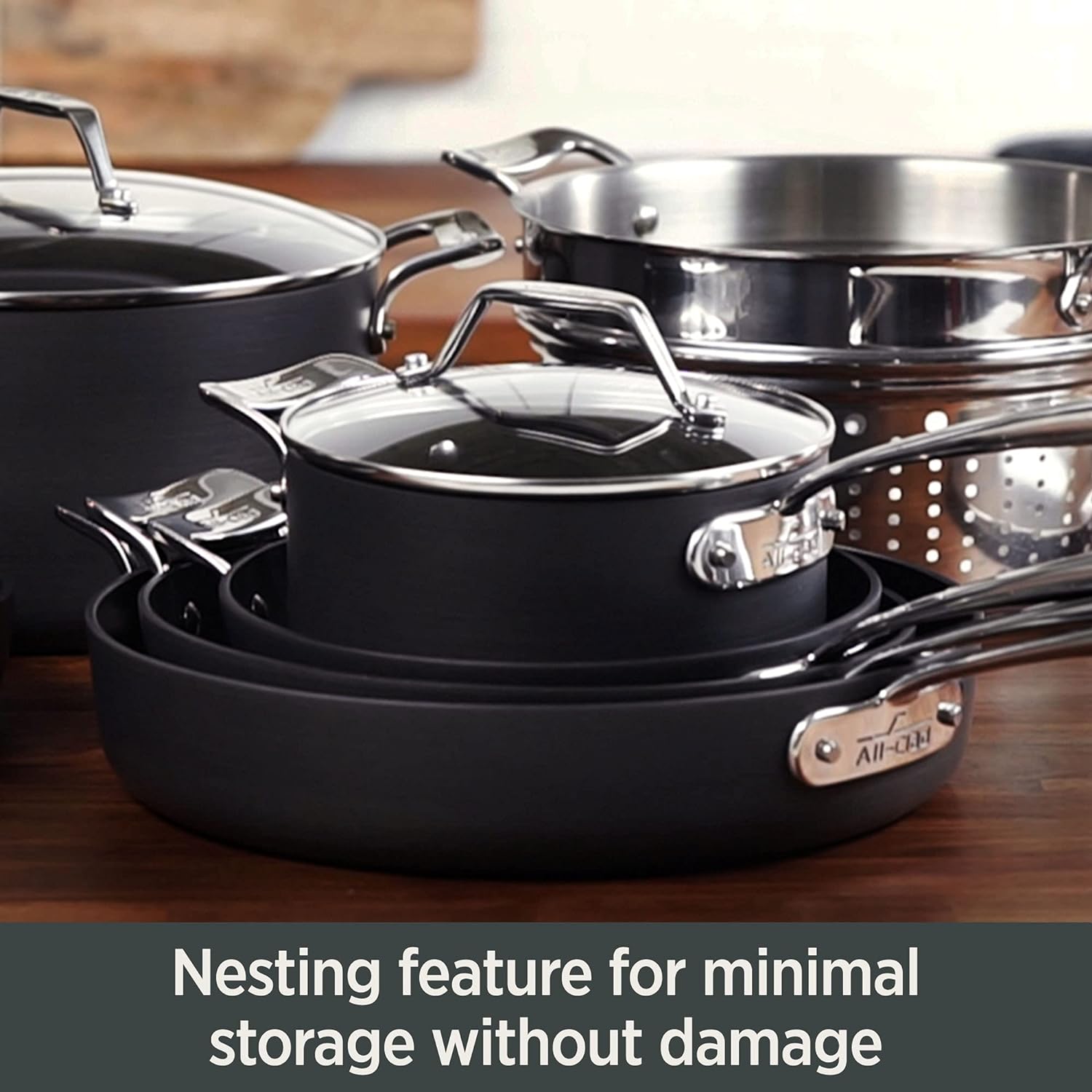 All-Clad Essentials Hard Anodized Nonstick Fry & Sauce Pan Set 8.5 Inch , 2.5 Quart Oven Broiler Safe 500F Pots and Pans, Cookware Black