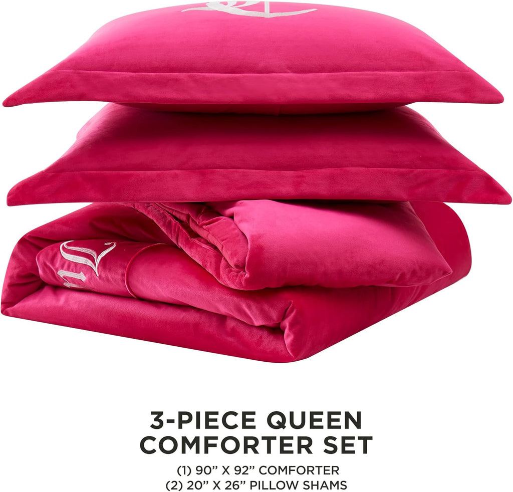 Juicy Couture - Comforter Set - Gothic Design Bedding - Queen - 3 Piece Set Includes (1) 90' x 92' Comforter and (2) 20' x 26' Shams - Wrinkle Resistant - Premium Bedroom Decor - Hot Pink