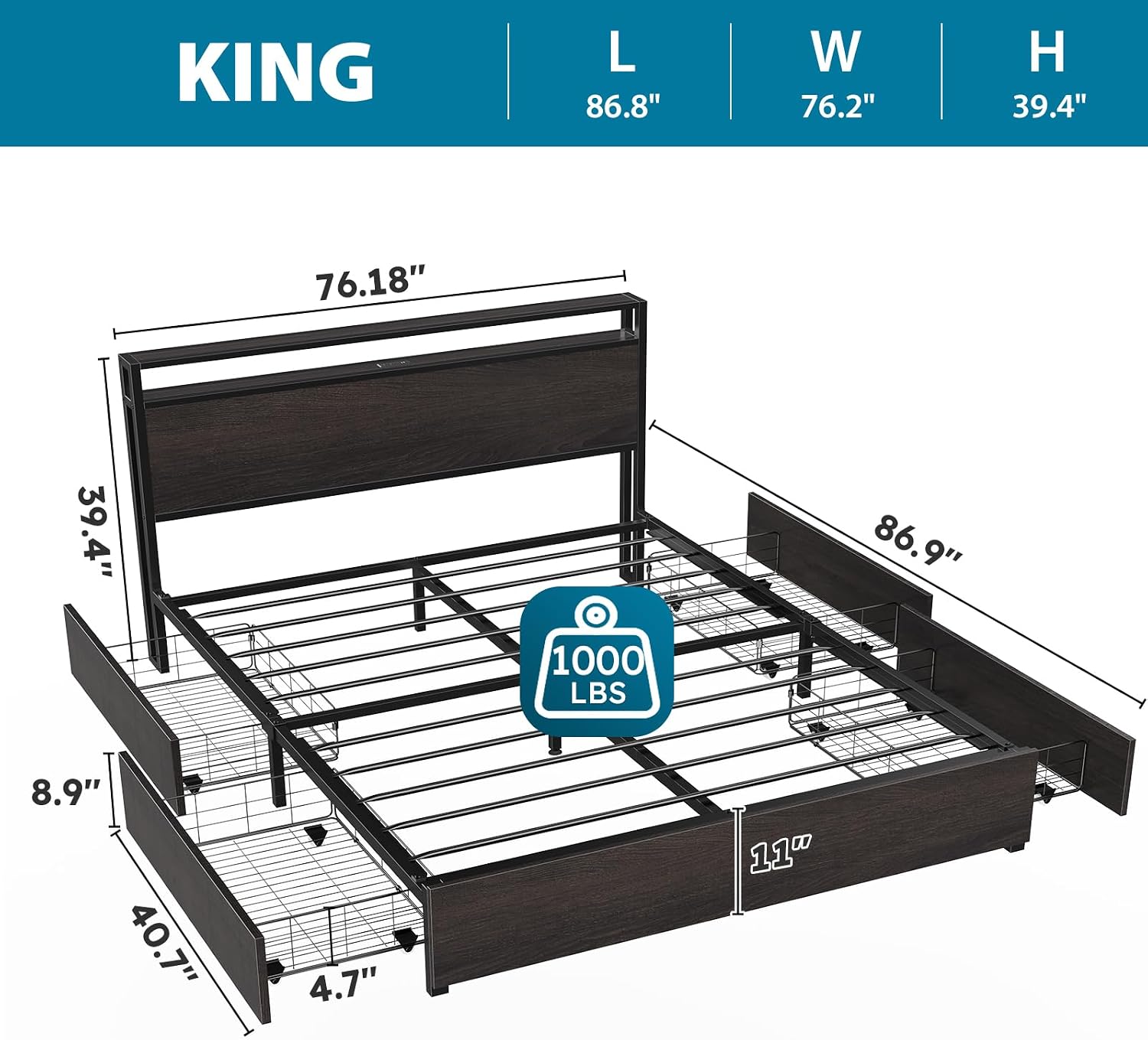 Kiivakii King Size Bed Frame with 4 Storage Drawers, LED Platform Bed with Headboard, Built in Charging Station, Noise Free, Metal Support Base, No Box Spring Needed, Black