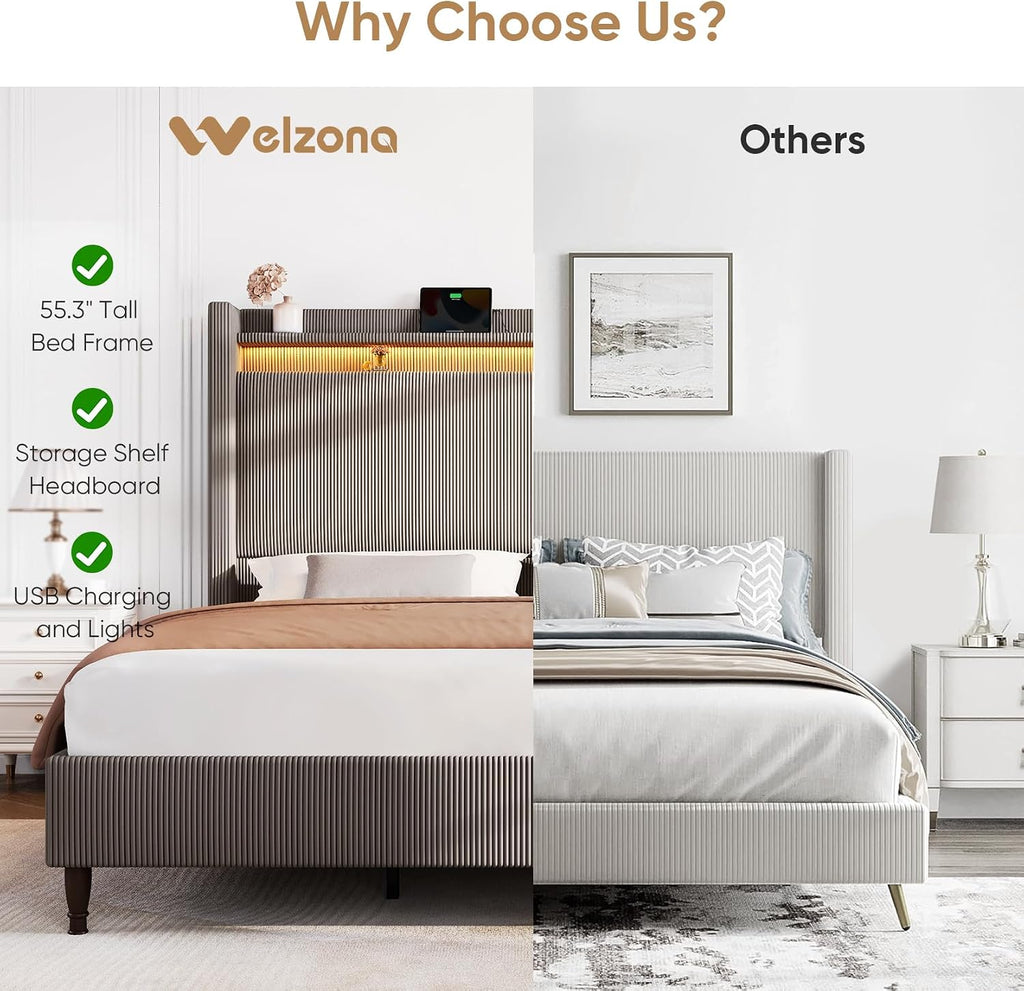 King Bed Frame with 55.3' Tall Headboard, Corduroy Upholstered Platform Bed with LED Lights & Charging Station, Wingback Storage Headboard, Solid Wood Slats,Noise Free,No Box Spring Needed,Gray Brown