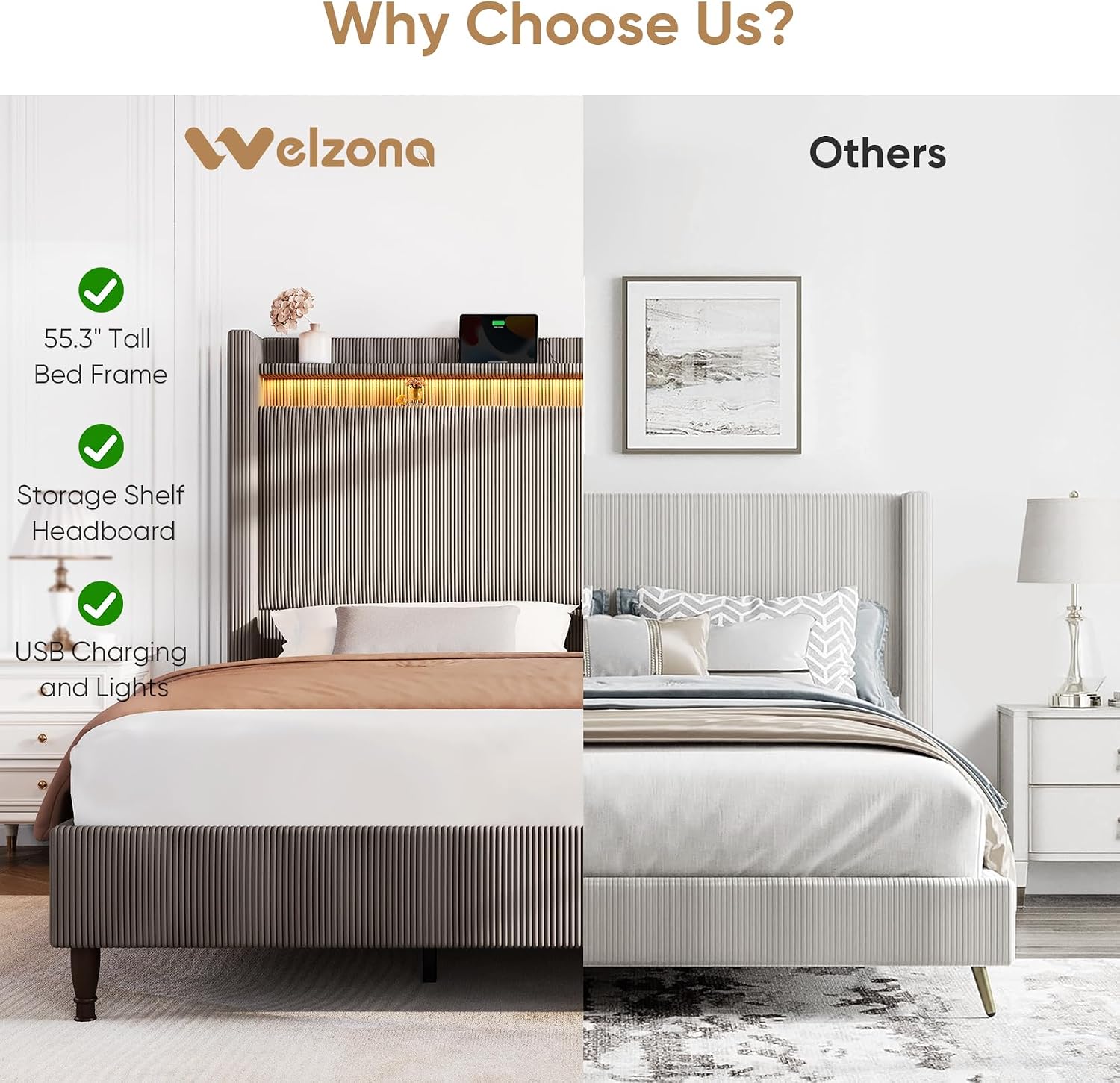 King Bed Frame with 55.3' Tall Headboard, Corduroy Upholstered Platform Bed with LED Lights & Charging Station, Wingback Storage Headboard, Solid Wood Slats,Noise Free,No Box Spring Needed,Gray Brown