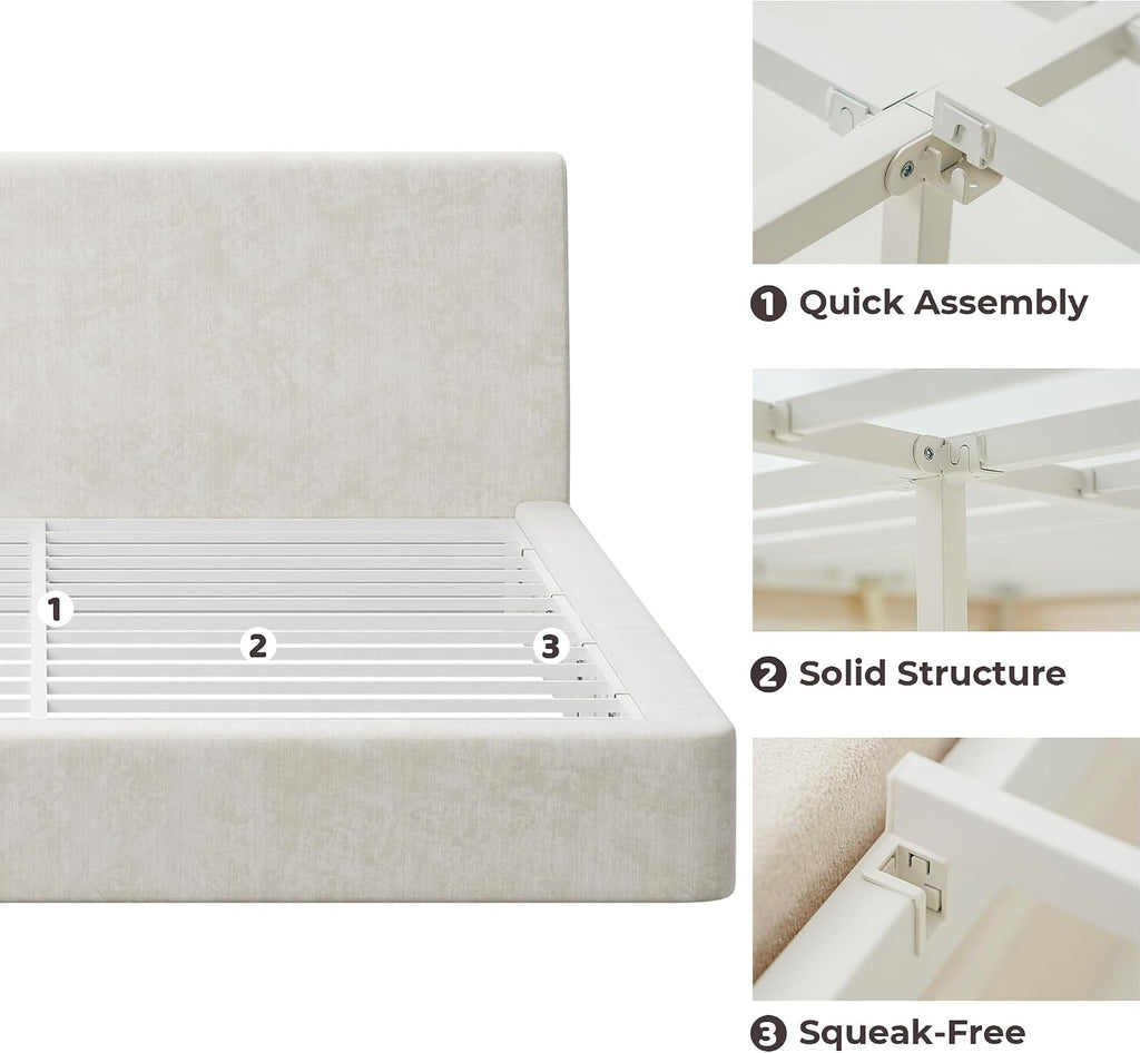 RECCI AirFrame Full Size Bed Frame with Ergonomic Angled Foam Cushioned Headboard, Minimalist Design Platform Bed Frame, No Box Spring Needed, Easy Assembly (Beige Chenille)