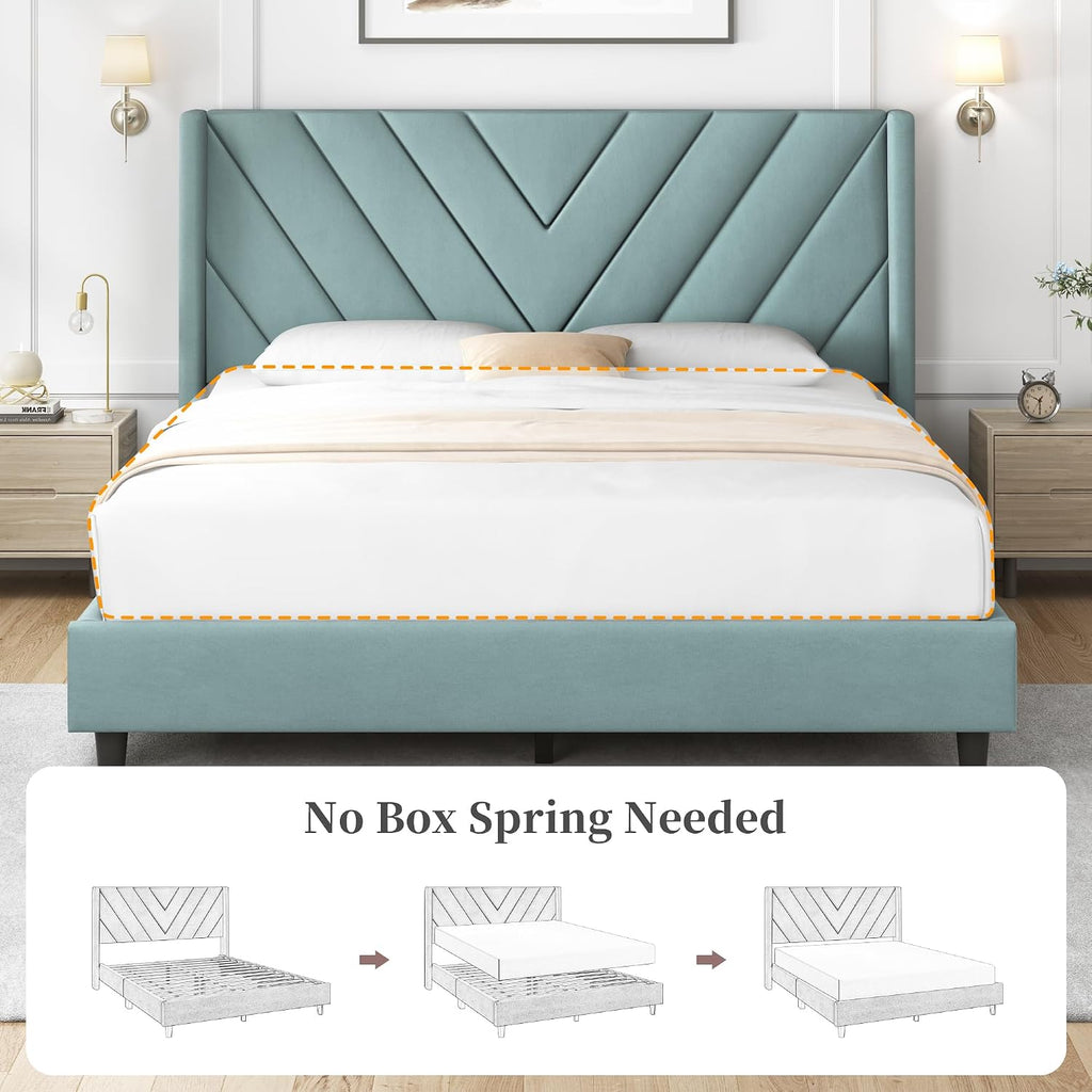 Yaheetech Queen Bed Frame Upholstered Platform Bed/Wooden Slat Support/Tufted Headboard with Wing Side/Mattress Foundation/No Box Spring Needed,Blue Lake Queen
