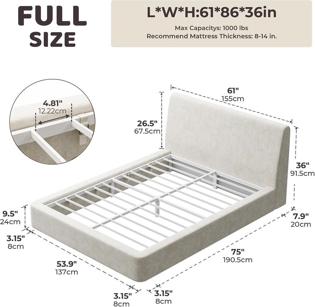 RECCI AirFrame Full Size Bed Frame with Ergonomic Angled Foam Cushioned Headboard, Minimalist Design Platform Bed Frame, No Box Spring Needed, Easy Assembly (Beige Chenille)