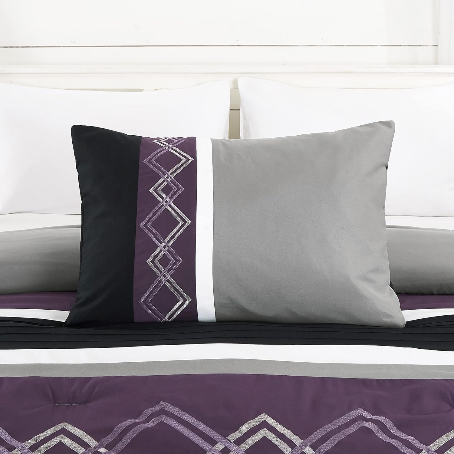 Chezmoi Collection Arden 7-Piece Modern Pleated Stripe Embroidered Zigzag Bedding Comforter Set (Oversized King, Purple/Black/Gray/White)