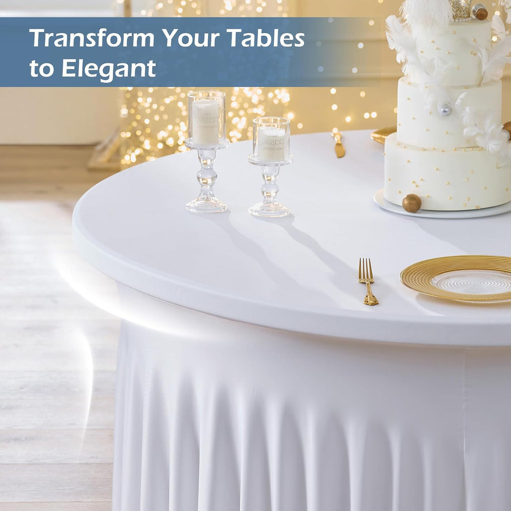 6 pk White Spandex Round Tablecloth 72 in with Ruffled Skirt,Wrinkle Free High-Stretch 132 inch Fitted 6ft Table Cloths Round Elastic Spandex Table Covers 6ft for Party Wedding Banquet Dinning