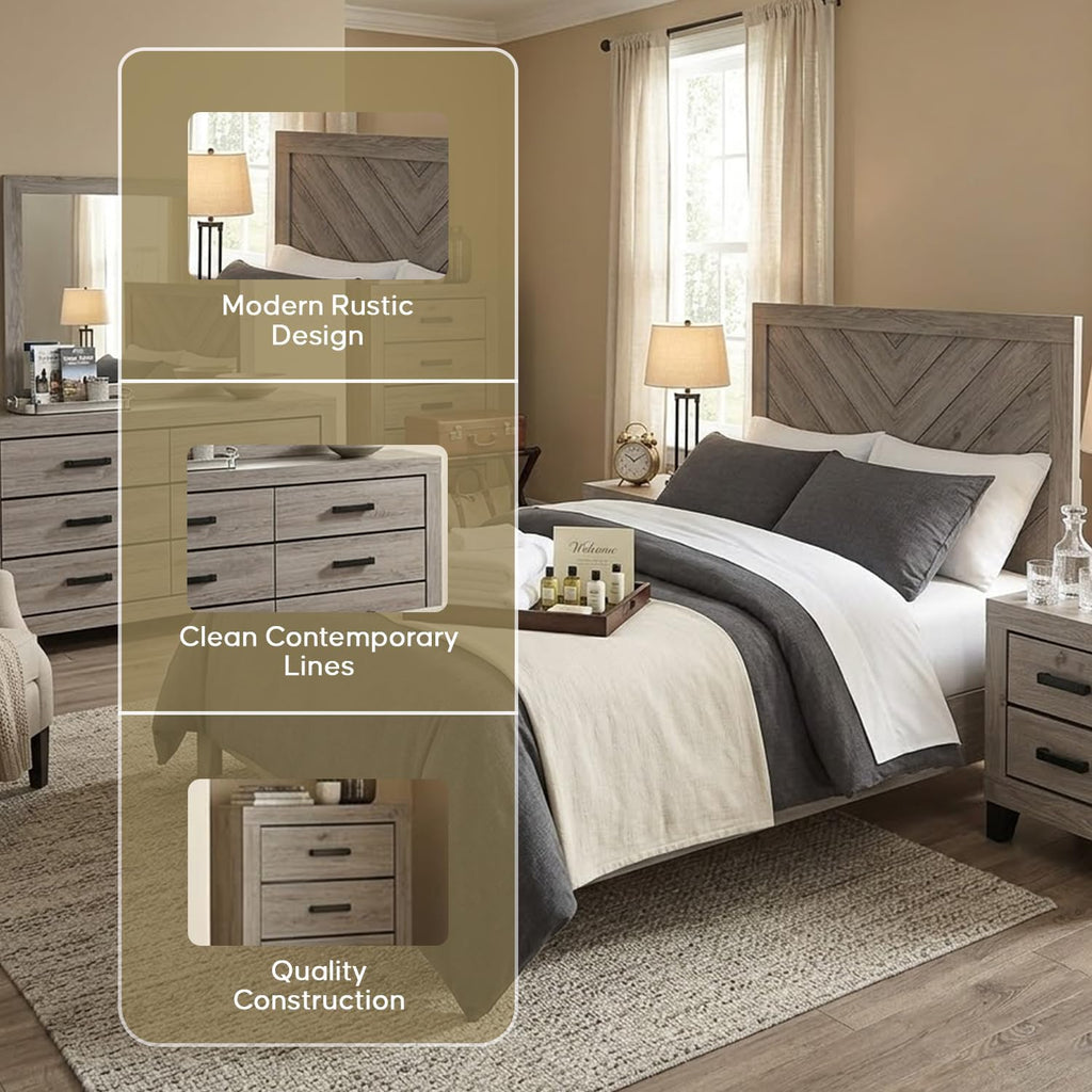 Kings Brand Furniture Napa Farmhouse 6-Piece Bedroom Set - Bed Frame with Headboard, Chest, Dresser and Mirror and 2 Nightstands (King Size)