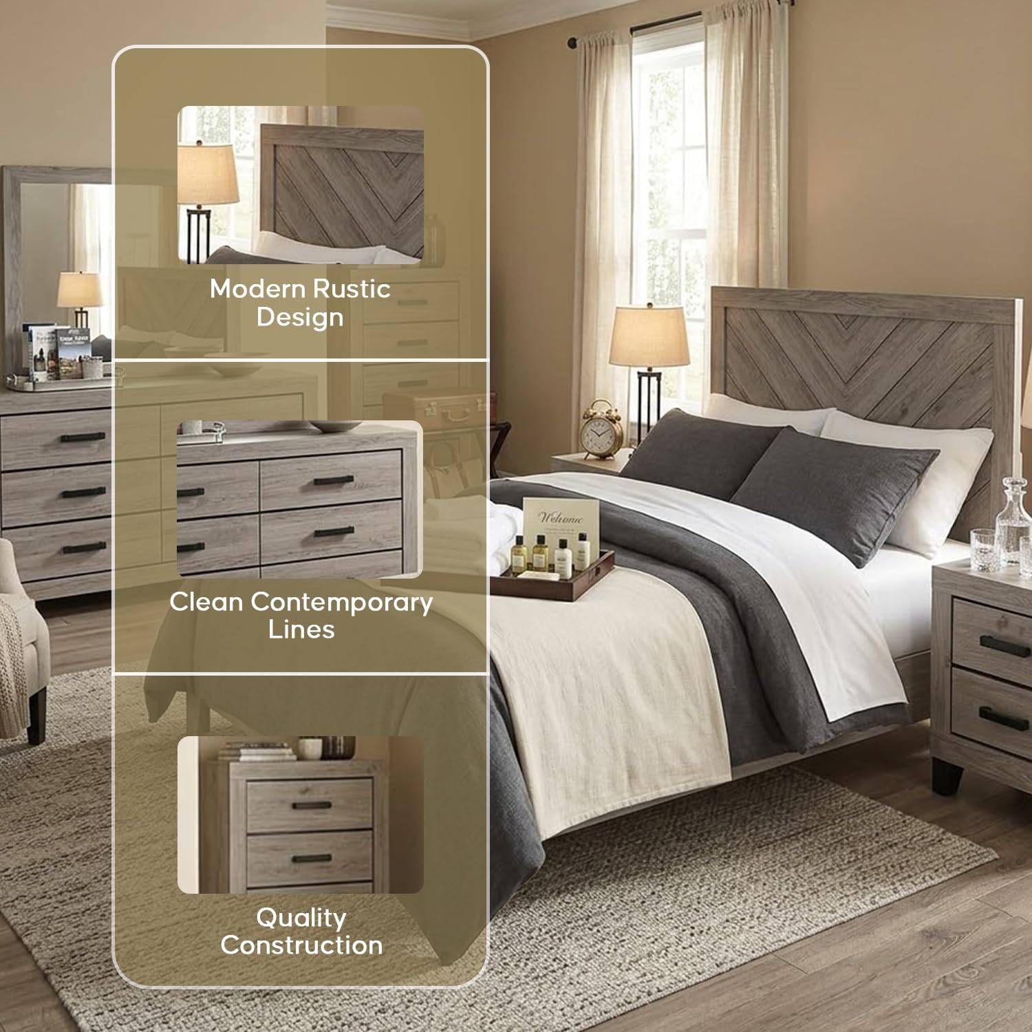 Kings Brand Furniture Napa Farmhouse 6-Piece Bedroom Set - Bed Frame with Headboard, Chest, Dresser and Mirror and 2 Nightstands (King Size)
