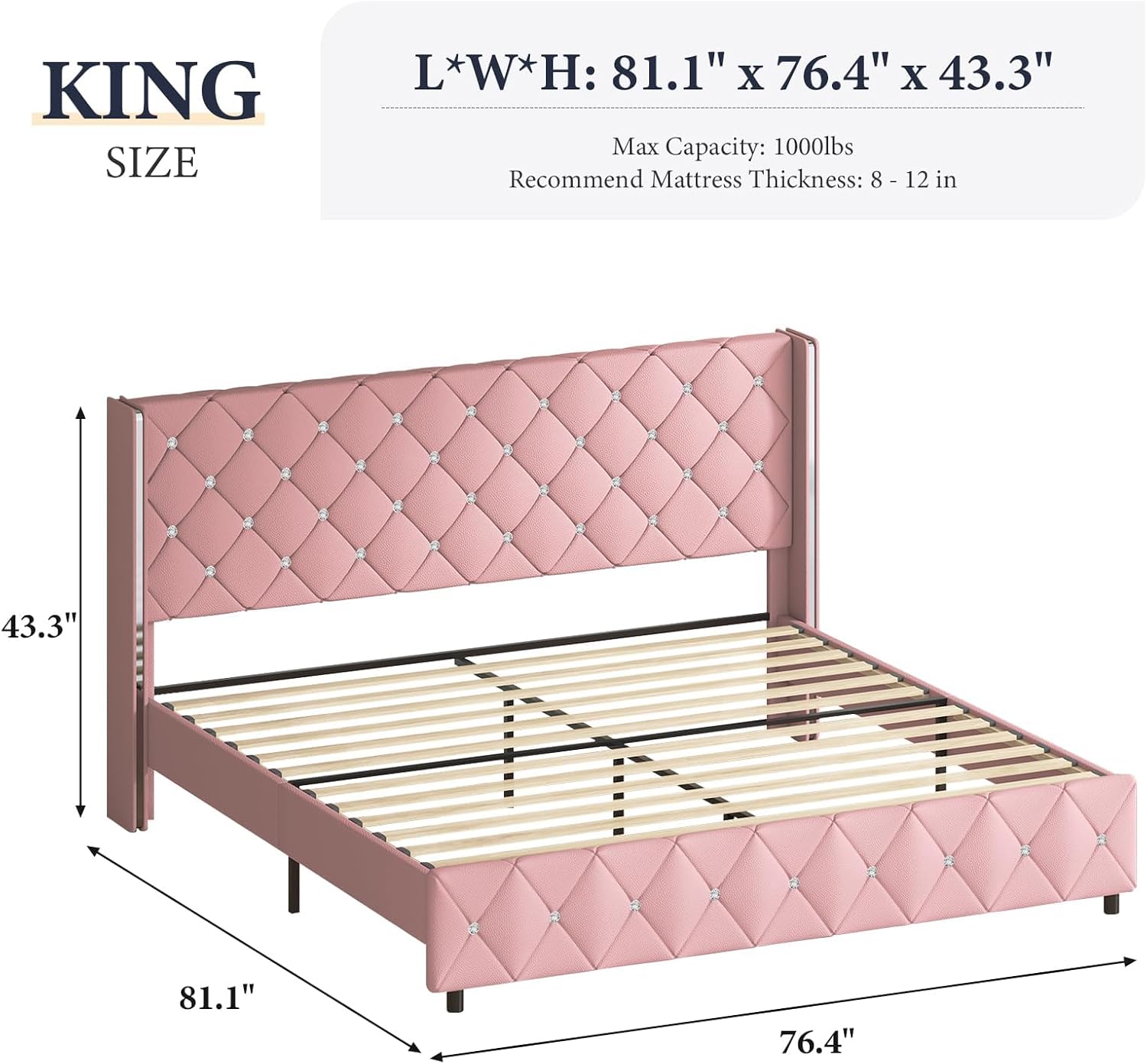 Lullabyre King Size Bed Frame, Upholstered Bed Frame with Diamond Tufted Headboard, Modern Silverside Wingback, No Box Spring Needed, Easy Assembly, Pink