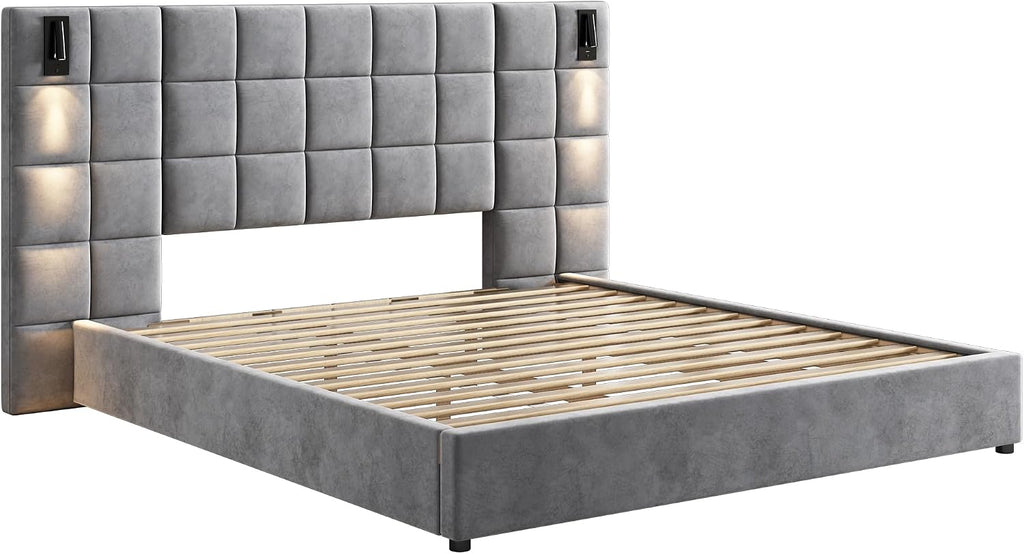 Merax California King Size Upholstered Velvet Bed Frame, with Wall Sconce and USB Port, Wide Headboard for Bedroom, (Without Bedside Tables & Mattress), Gray