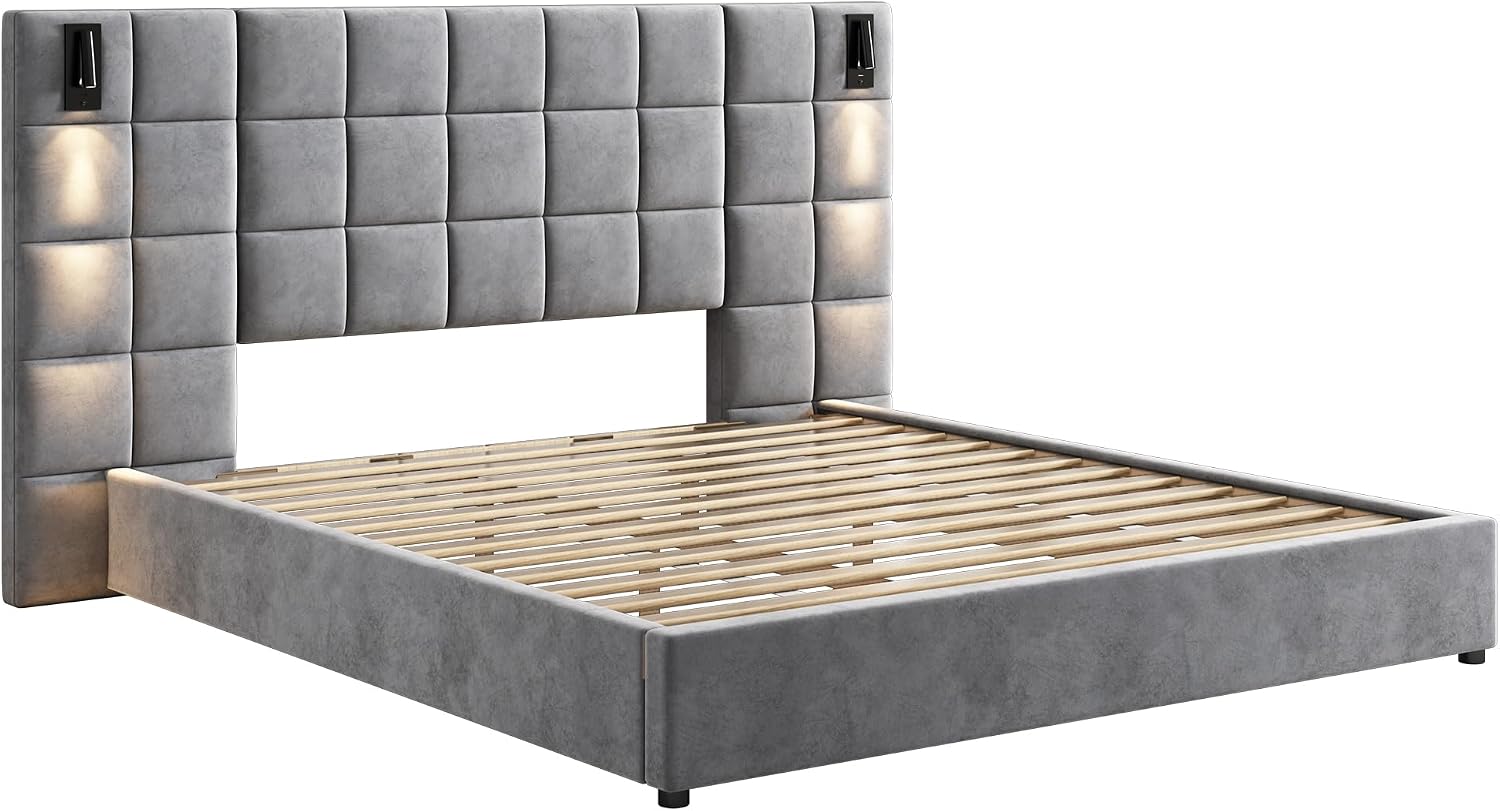 Merax California King Size Upholstered Velvet Bed Frame, with Wall Sconce and USB Port, Wide Headboard for Bedroom, (Without Bedside Tables & Mattress), Gray