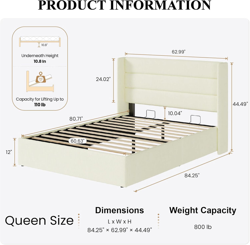 SHA CERLIN Queen Size Lift Up Storage Bed/Chenille Fabric Upholstered/Modern Wingback Headboard/Platform Bed Frame/Hydraulic Storage/No Box Spring Needed/Wood Slats Support/Cream