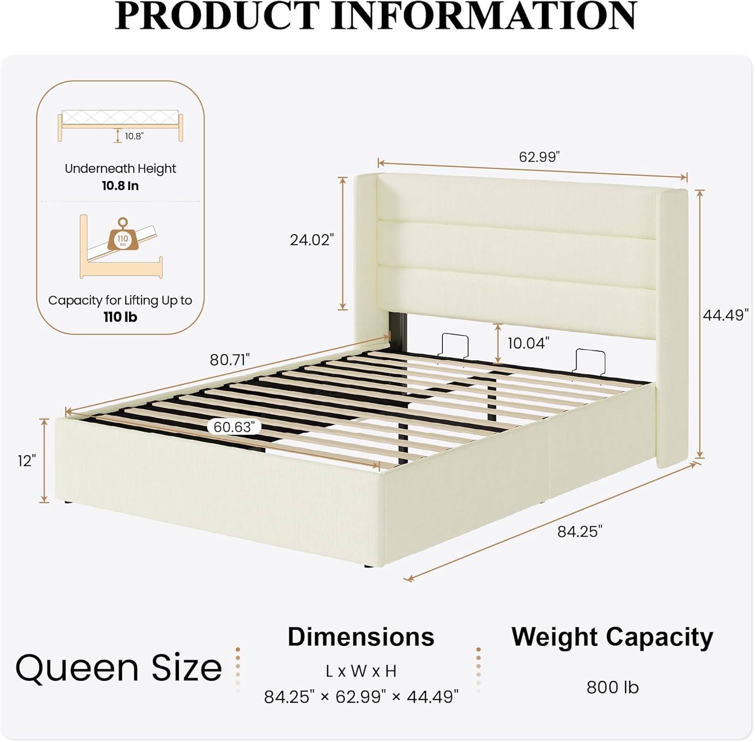 SHA CERLIN Queen Size Lift Up Storage Bed/Chenille Fabric Upholstered/Modern Wingback Headboard/Platform Bed Frame/Hydraulic Storage/No Box Spring Needed/Wood Slats Support/Cream