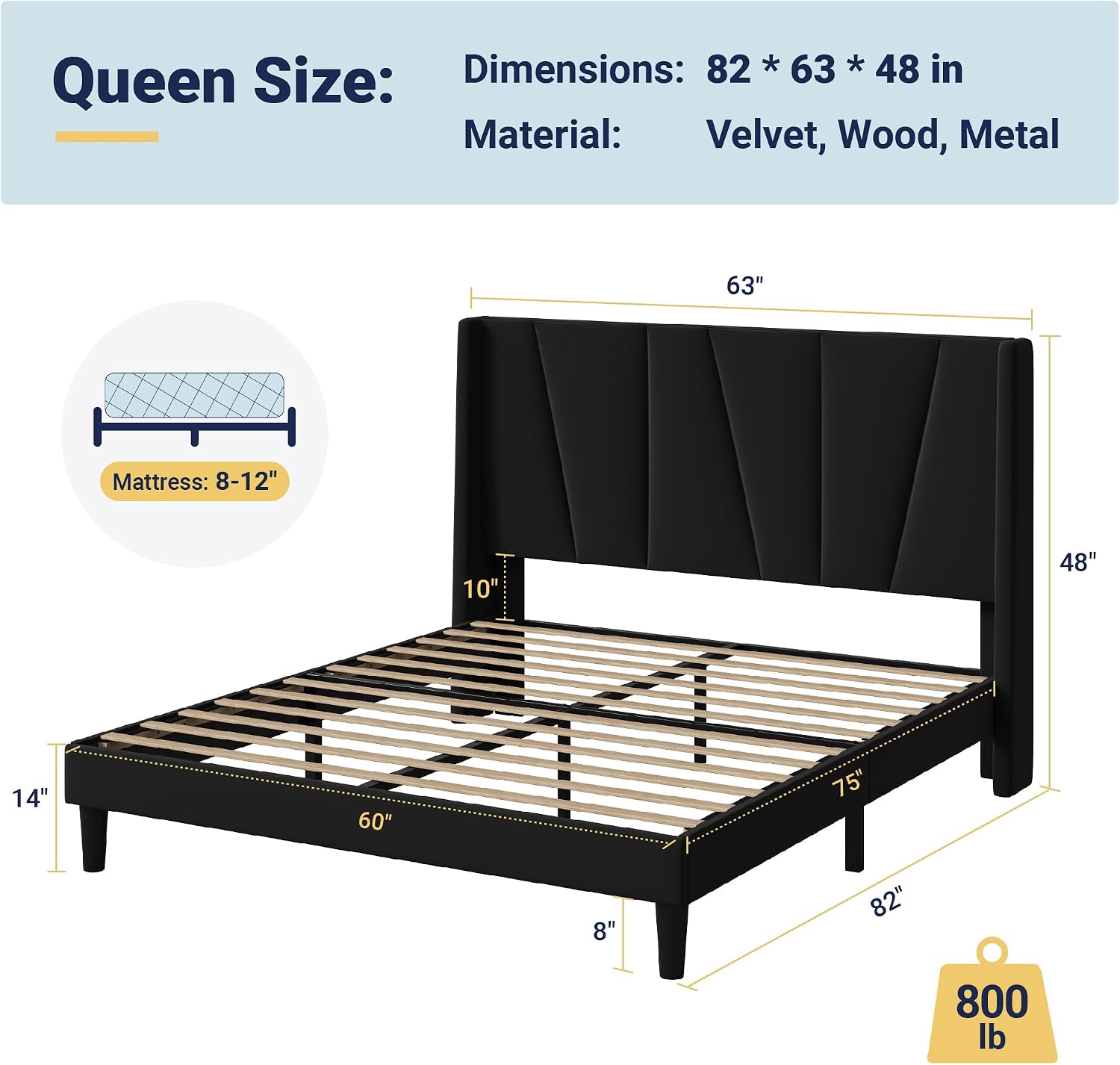 Allewie Queen Size Platform Velvet Bed Frame with Geometric Wingback Headboard, Boho Upholstered Bed with Wooden Slats Support, No Box Spring Needed, Easy Assembly, Black