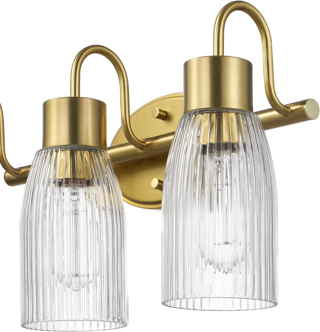 Globe Electric 63000208 5-Piece All-in-One Bathroom Accessory Set with 19' 3-Light Vanity Light, Matte Brass, Ribbed Glass Shades, Towel Bar, Robe Hook, Toilet Paper Holder, Towel Ring, Powder Room