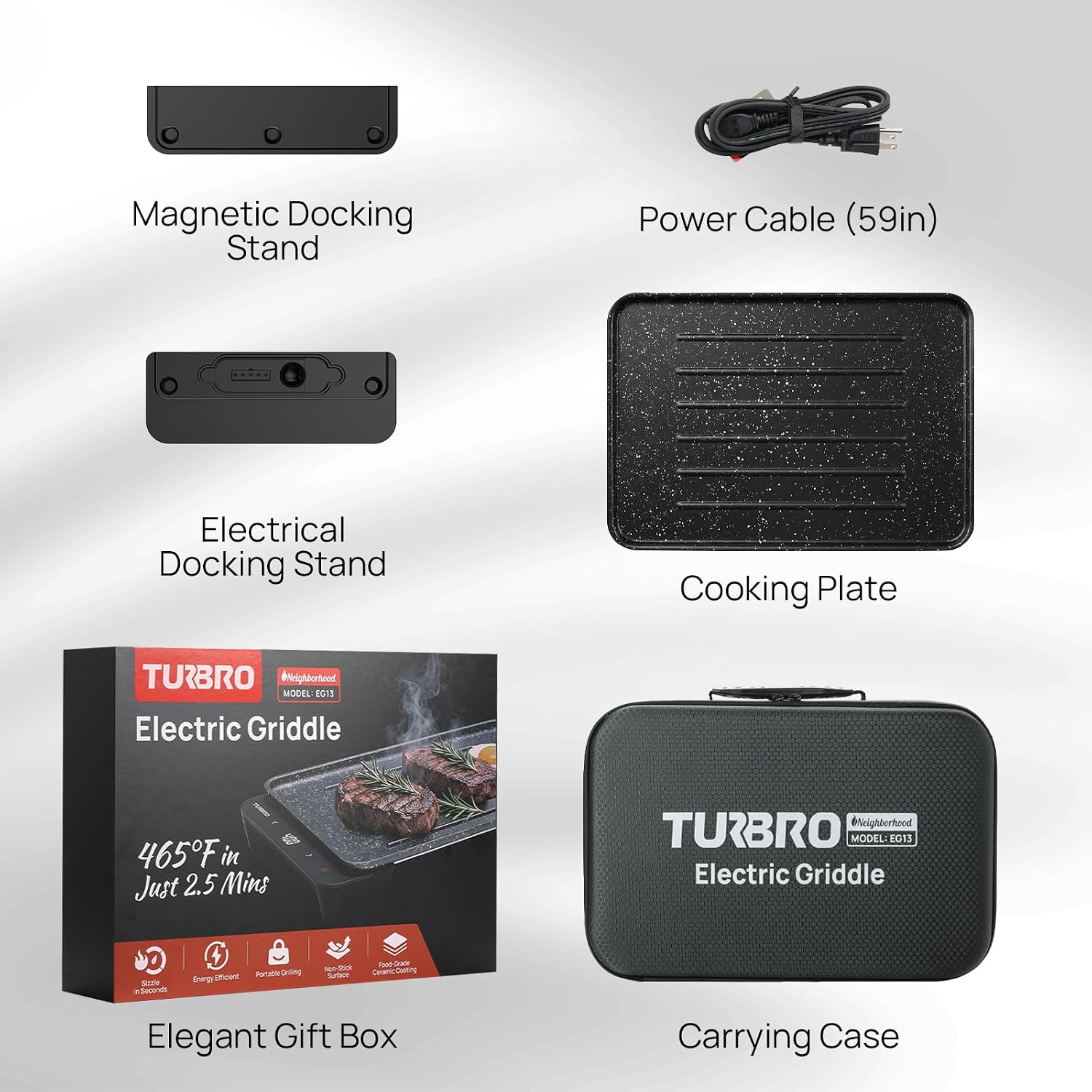 TURBRO EG13 Portable Electric Griddle, Low-Power 300-600W, Thick-Film Fast Heating to 465°F, Non-Stick Smokeless Indoor/Outdoor Grill with Smart NTC Temp Control for RV, Camping & Picnics