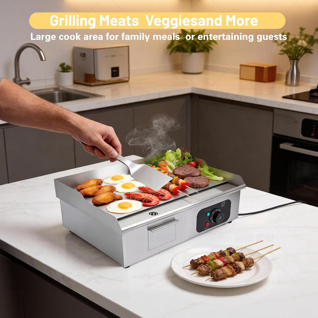 Commercial Electric Griddle 22', 1600W Countertop Flat Top Grill, Stainless Steel Griddle with 122-572°F Adjustable Temp & Removable Oil Basket for Restaurant Home Use