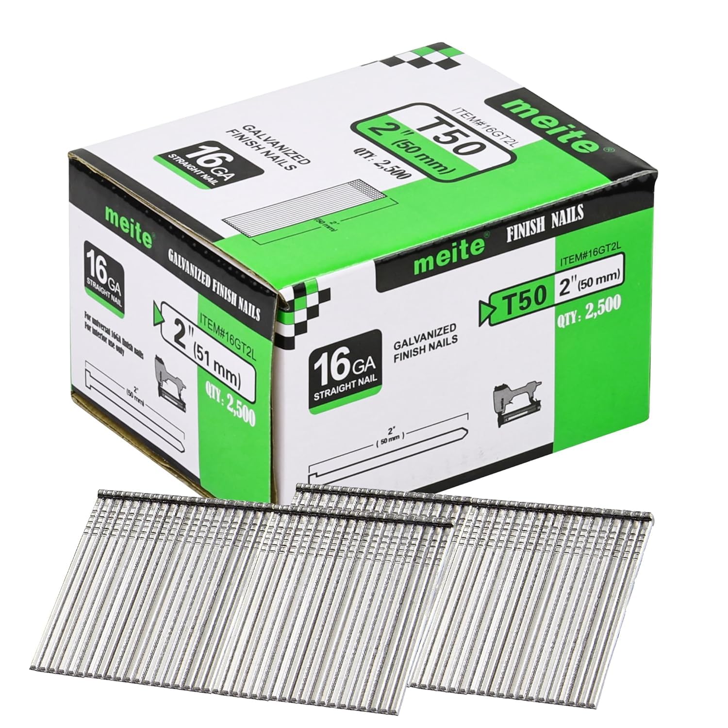 meite 16 Gauge Straight Finish Nails 2 Inch Galvanized 16 Gauge Trim Nails, Small Head Finishing Nail for 16GA Finish Nailer Guns, 1 Case/25,000PCS