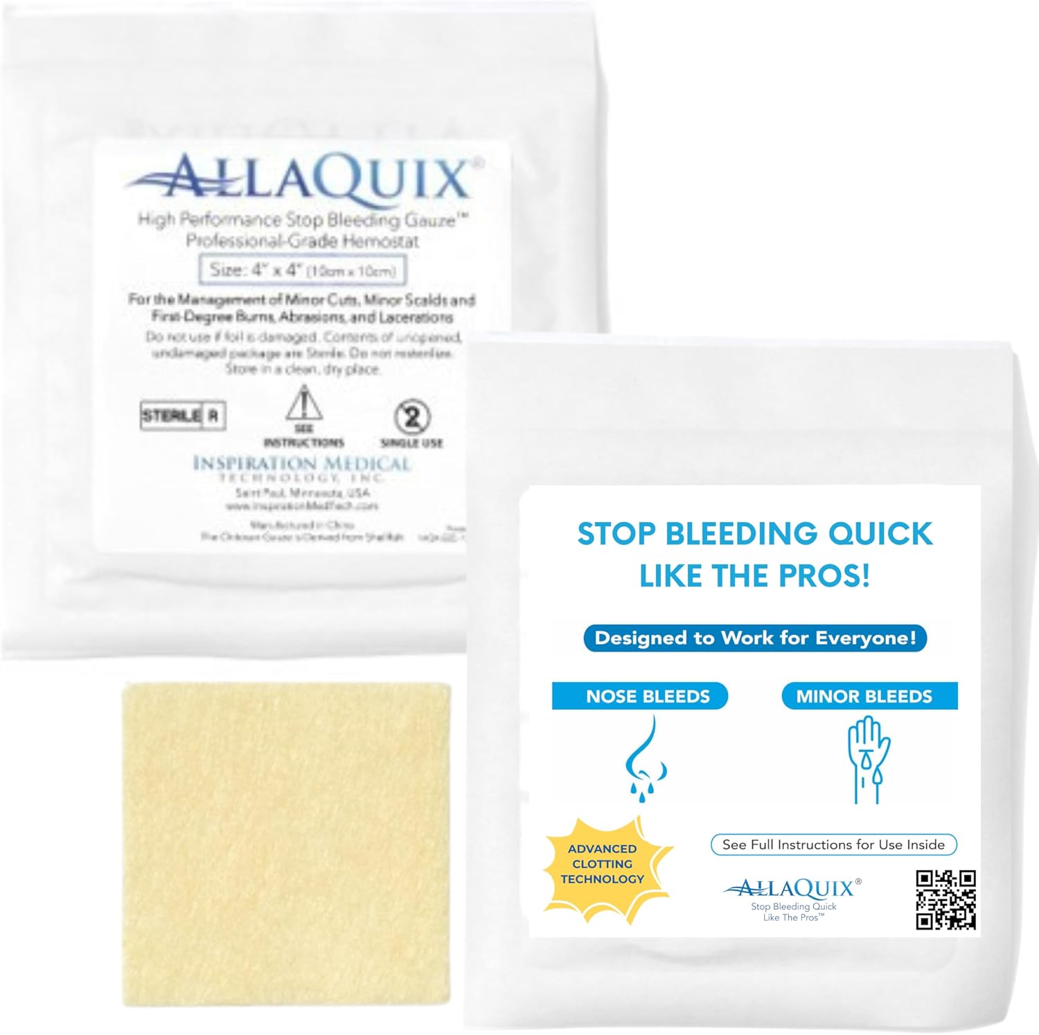 Bulk AllaQuix High Performance Stop Bleeding Gauze Pads, 4'x4' (10-Pack) CASE of 15 Boxes (150 Sterile Pads) | Larger Coverage Chitosan Hemostatic Dressing | Drug-Free, Fast Clotting | Refill