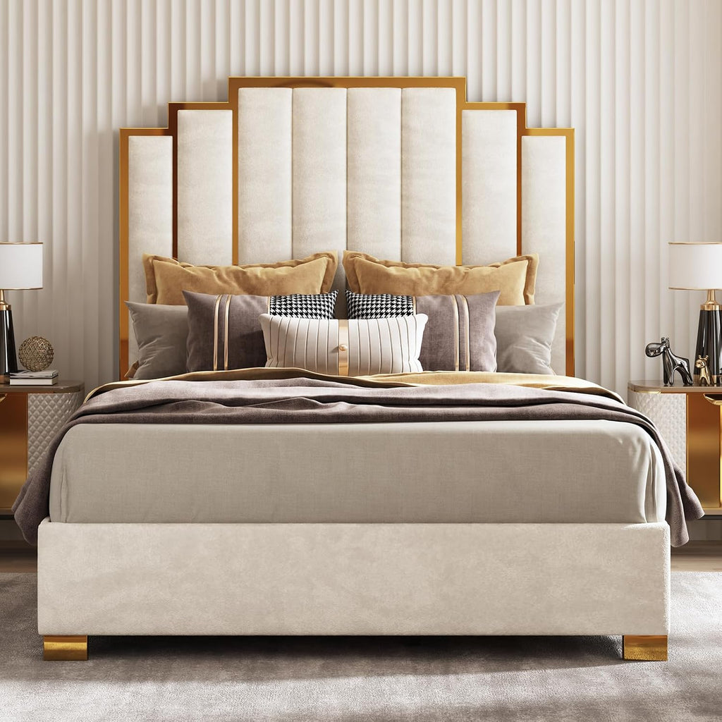 AMERLIFE Queen Size Upholstered Bed, Modern Velvet Bed Frame with 61.4' Tall Gold Trim Headboard, No Box Spring Needed, Cream